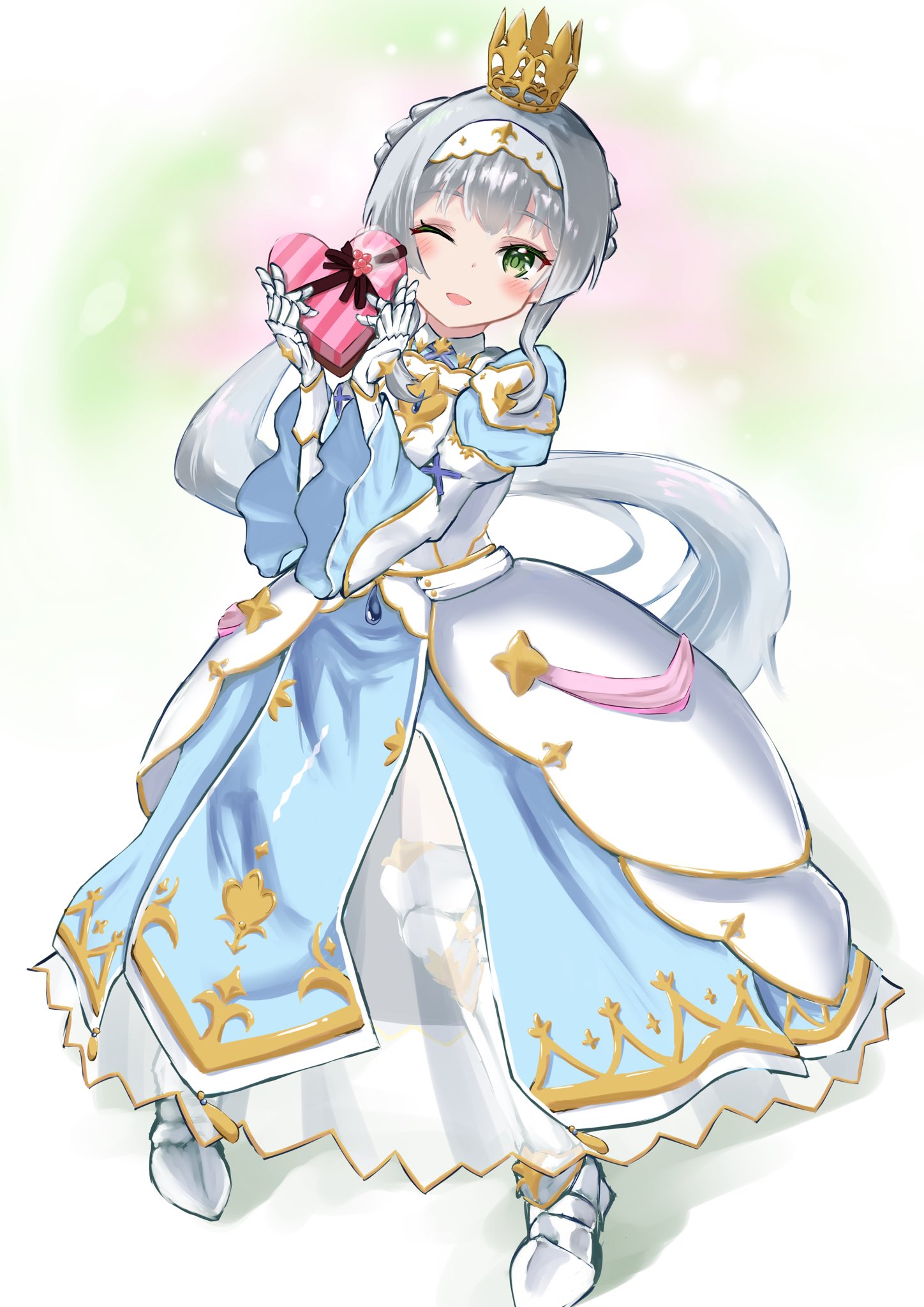 kinakollll, kashiwagi saki, ongeki, highres, 1girl, blue dress, blush, box, crown, dress, full body, gift, gift box, gloves, green eyes, heart, heart-shaped box, holding, holding gift, long dress, long hair, long sleeves, looking at viewer, one eye closed, open mouth, puffy sleeves, solo, standing, tiara