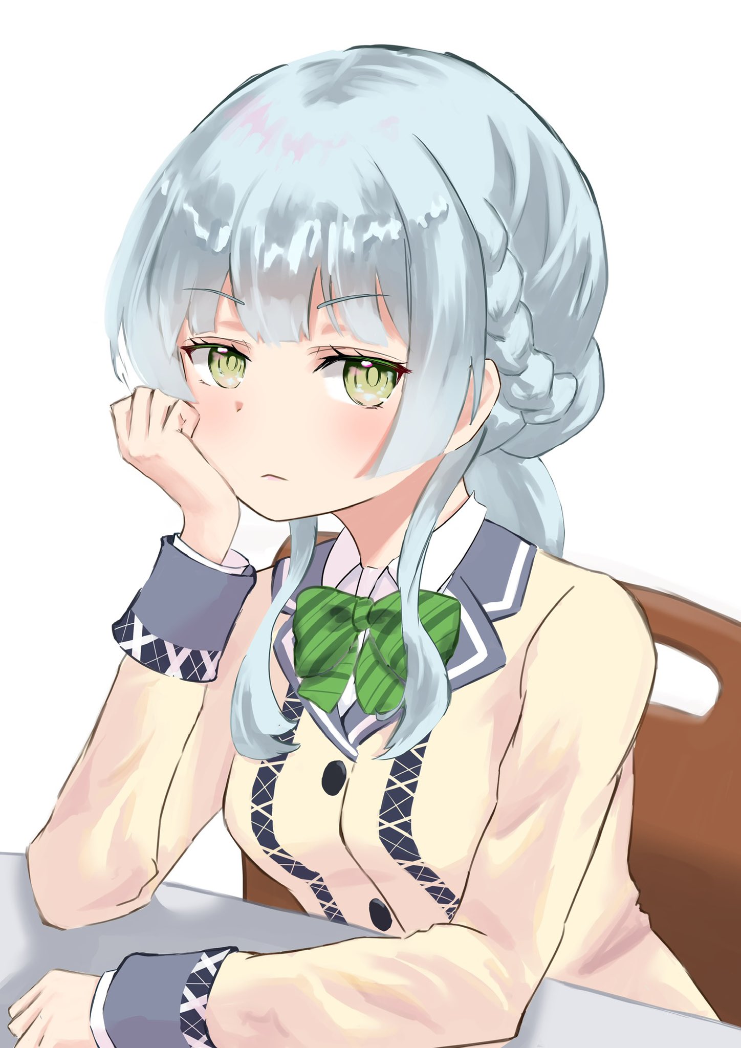 kinakollll, kashiwagi saki, ongeki, highres, 1girl, blush, bow, bowtie, braid, cardigan, collared shirt, green eyes, jacket, long sleeves, school uniform, shirt, solo, striped background, striped bow, upper body, white background