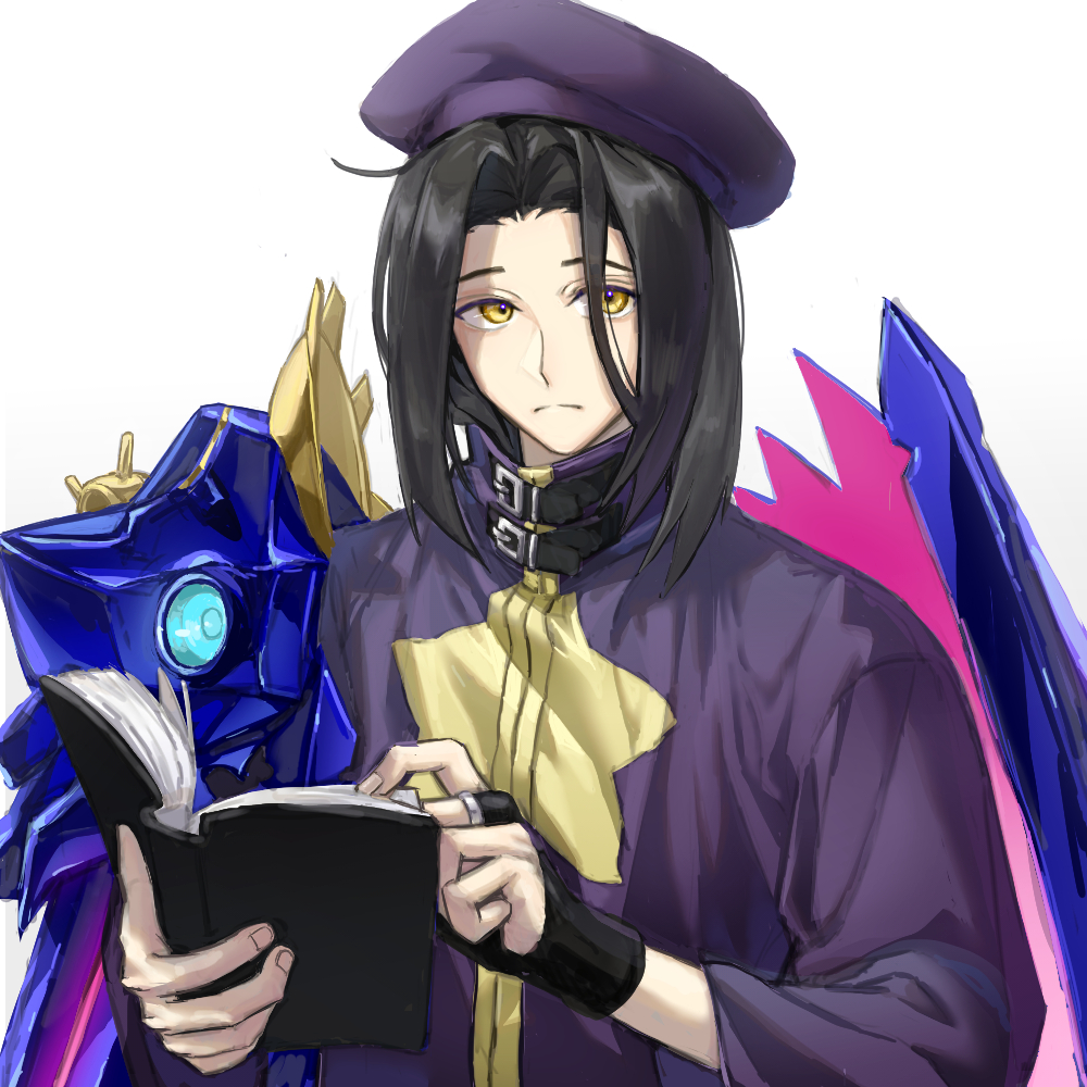 zodiac (sekaiju), zodiac 1 (sekaiju), etrian odyssey, sekaiju no meikyuu, sekaiju no meikyuu 3, 1boy, beret, black hair, book, bridal gauntlets, hat, holding, holding book, long hair, male focus, purple hat, purple robe, remase2642, robe, single bridal gauntlet, solo, star (symbol), yellow eyes
