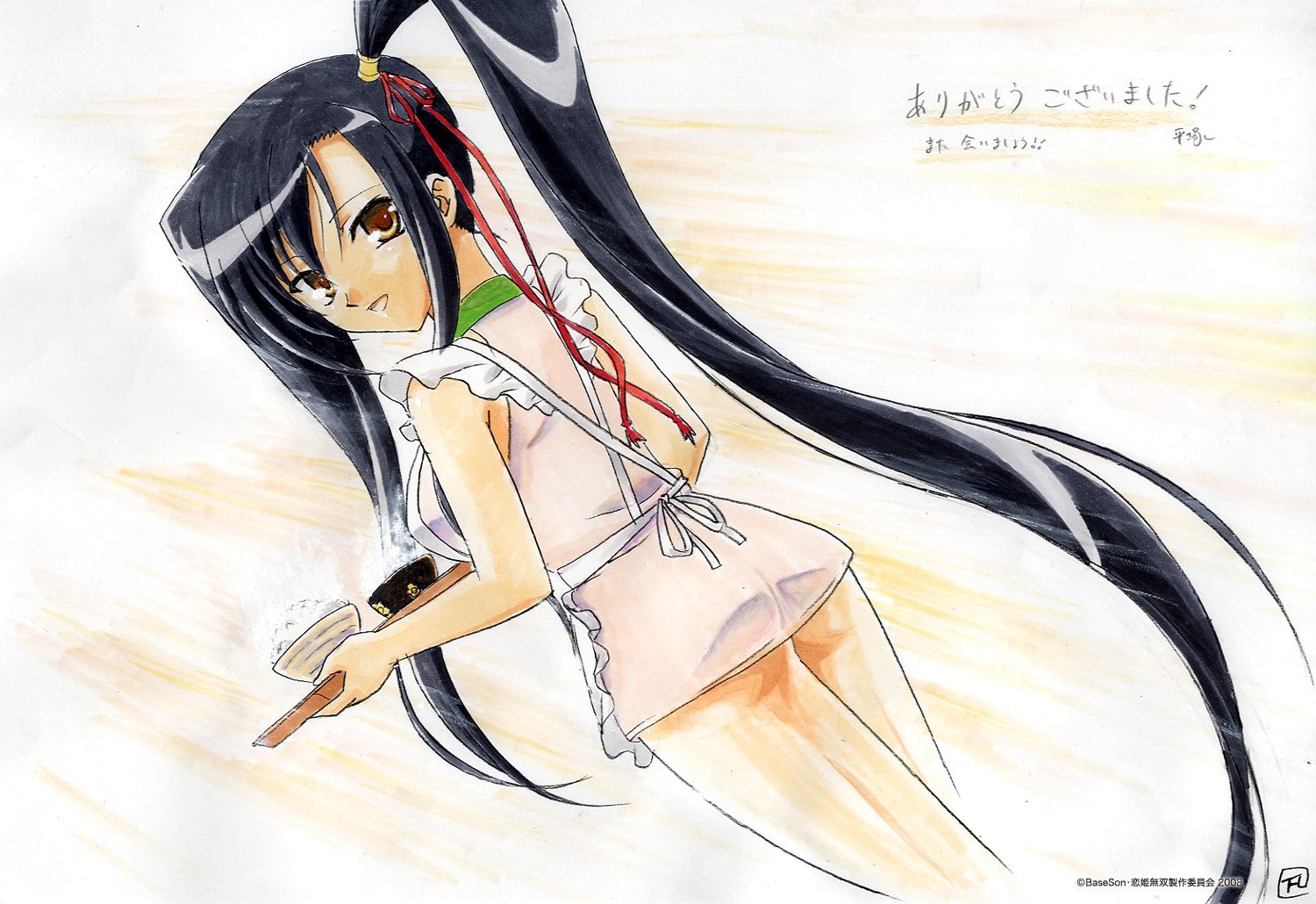 kan'u (koihime musou), koihime musou, 00s, apron, ass, black hair, bottomless, brown eyes, dated, food, from side, halterneck, long hair, looking back, no panties, rice, side ponytail, simple background, solo, standing, thighs, very long hair