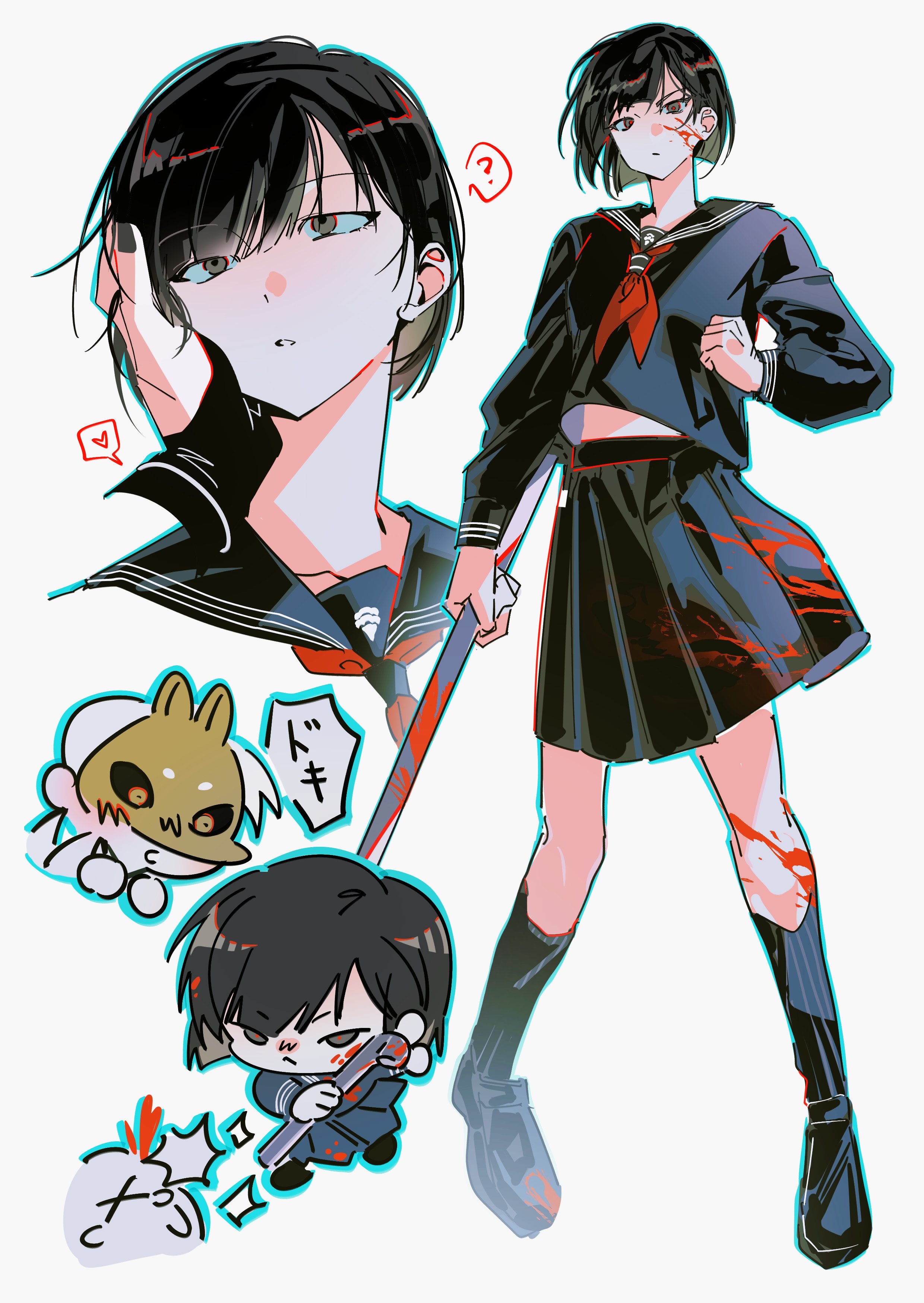 e mo ka, fox mask (silent hill), shimizu hinako, silent hill (series), silent hill f, absurdres, highres, 1boy, 1girl, black sailor collar, chibi, fox mask, holding, holding lead pipe, japanese clothes, lead pipe, mask, neckerchief, red neckerchief, sailor collar, school uniform, serafuku, short hair, torn sleeve
