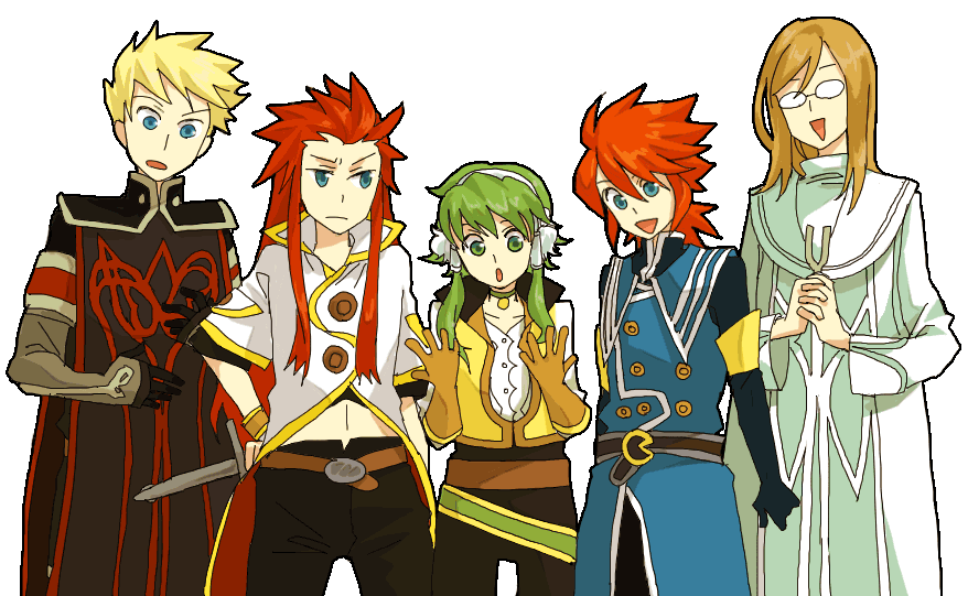 hyu ga, asch (tales), guy cecil, ion (tales), jade curtiss, luke fon fabre, tales of (series), tales of the abyss, 5boys, asch (cosplay), belt, blonde hair, blue eyes, brown hair, cosplay, costume switch, crossover, glasses, green eyes, guy cecil (cosplay), hair tubes, happy, ion (cosplay), jade curtiss (cosplay), long hair, luke fon fabre (cosplay), male focus, multiple boys, ponytail, red hair, robe, short hair, short hair with long locks, surcoat, sword, weapon, white background