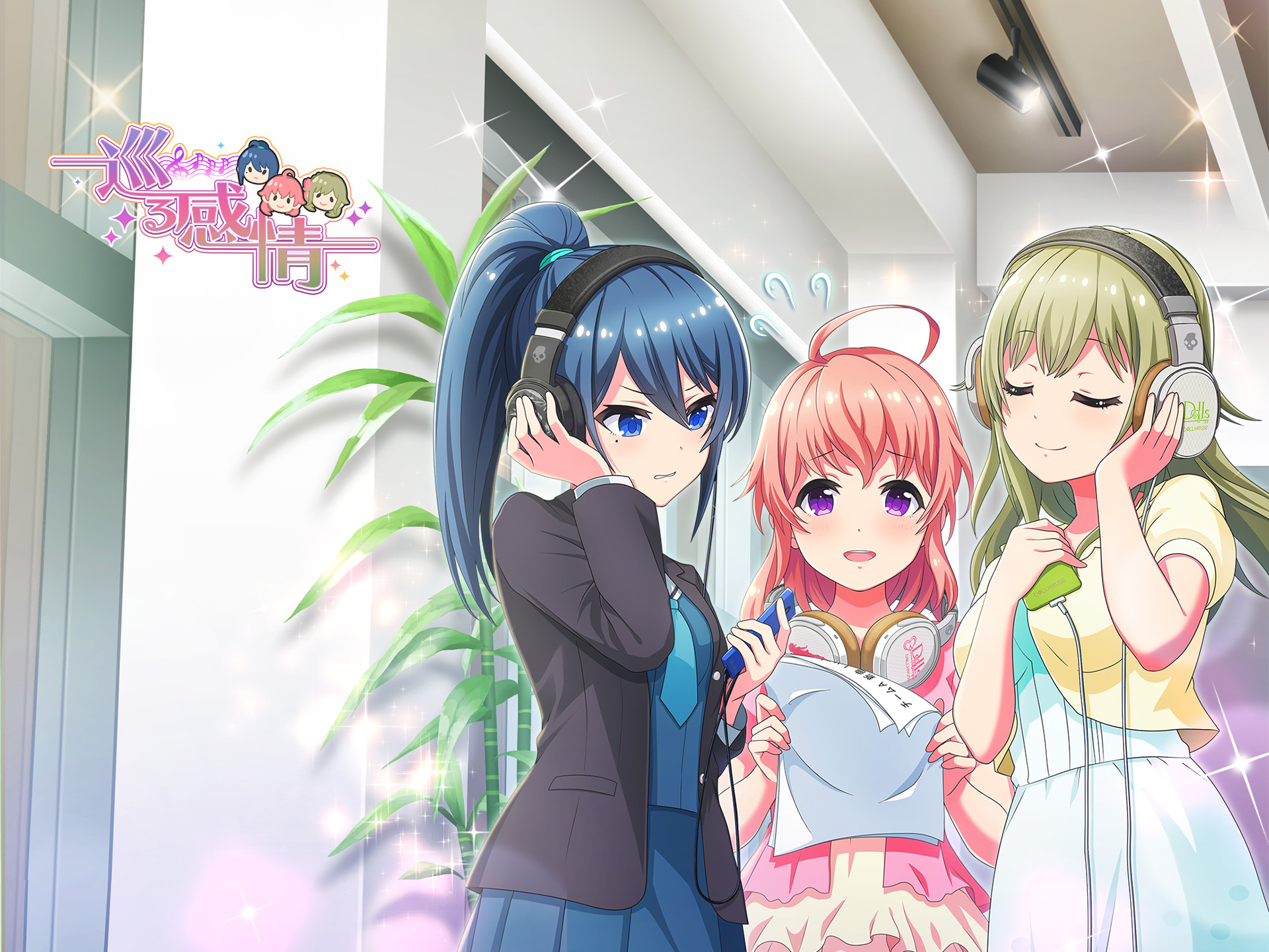 misaki (project tokyo dolls), sakura (project tokyo dolls), shiori (project tokyo dolls), project tokyo dolls, highres, official art, second-party source, translated, 3girls, ahoge, bamboo, black jacket, blue dress, blue eyes, blue hair, blue necktie, blue shirt, blue skirt, blush, breasts, ceiling light, cellphone, clenched teeth, closed eyes, closed mouth, dot nose, dress, flying sweatdrops, green hair, hair tie, headphones, high ponytail, holding, holding paper, holding phone, indoors, jacket, long hair, long sleeves, medium breasts, multiple girls, necktie, open clothes, open jacket, open mouth, paper, phone, pink hair, ponytail, purple eyes, shirt, short sleeves, skirt, small breasts, smartphone, smile, sparkle, teeth, unbuttoned, upper teeth only, yellow jacket