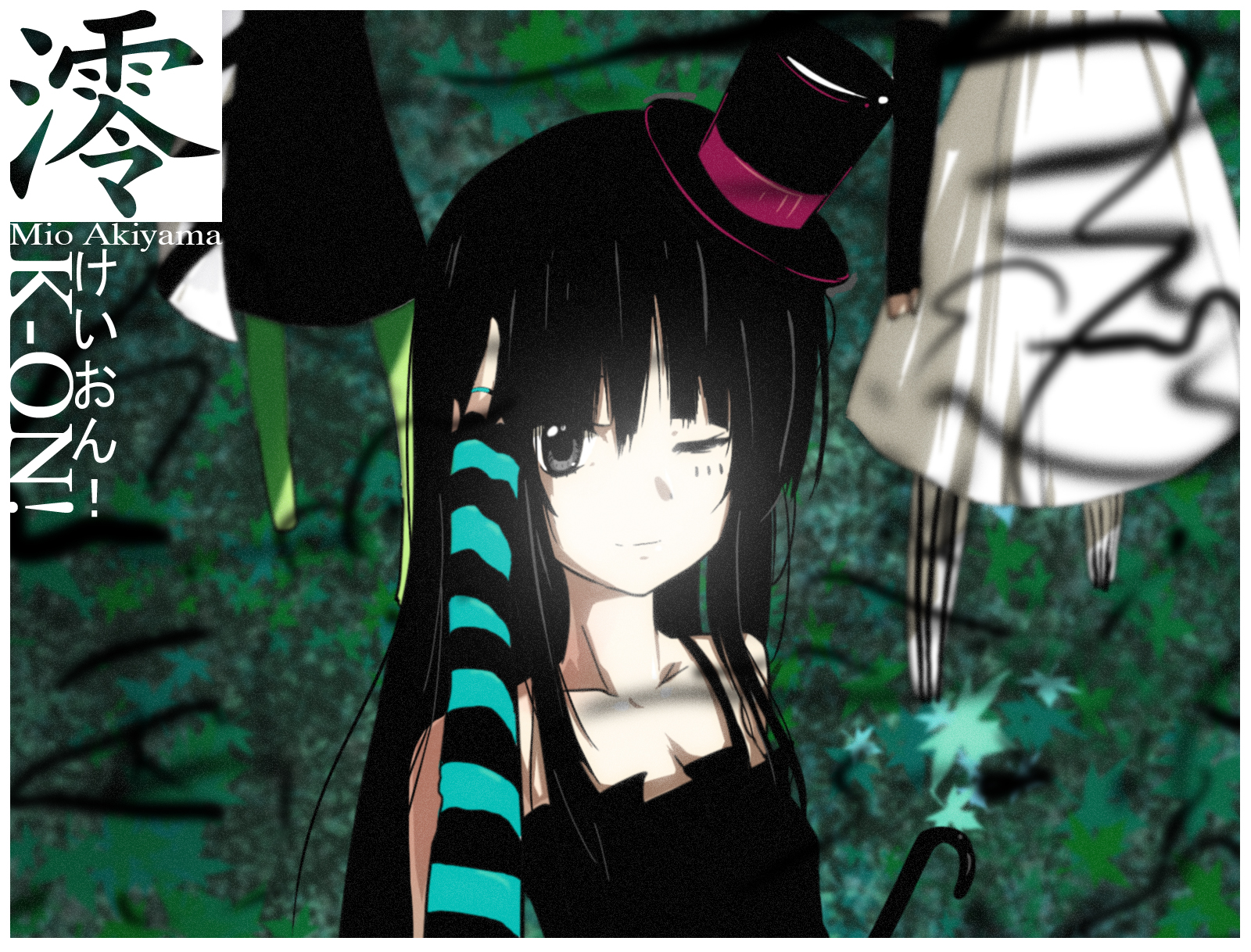 yui (niikyouzou), akiyama mio, don't say "lazy", k-on!, bad id, bad pixiv id, highres, 00s, 1girl, bare shoulders, black eyes, black hair, blunt bangs, elbow gloves, facepaint, female focus, gloves, hat, hime cut, mini hat, mini top hat, nail polish, one eye closed, solo, top hat, wink