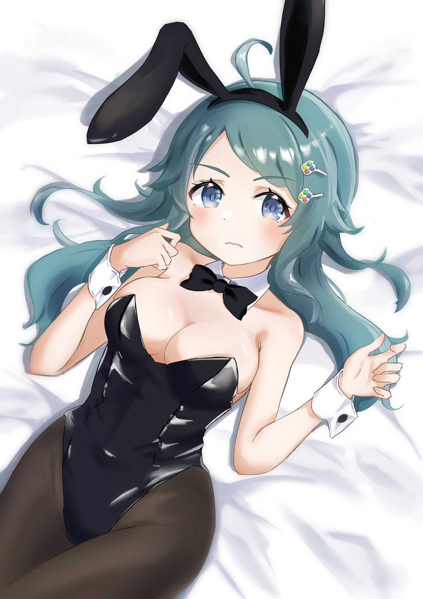 kinakollll, inohara koboshi, sakurajima mai, ongeki, highres, 1girl, animal ears, black bow, black leotard, blue eyes, bow, bowtie, breasts, cleavage, detached collar, fake animal ears, hair ornament, large breasts, leotard, long hair, looking at viewer, lying, pantyhose, playboy bunny, rabbit ears, solo, strapless, strapless leotard, wrist cuffs