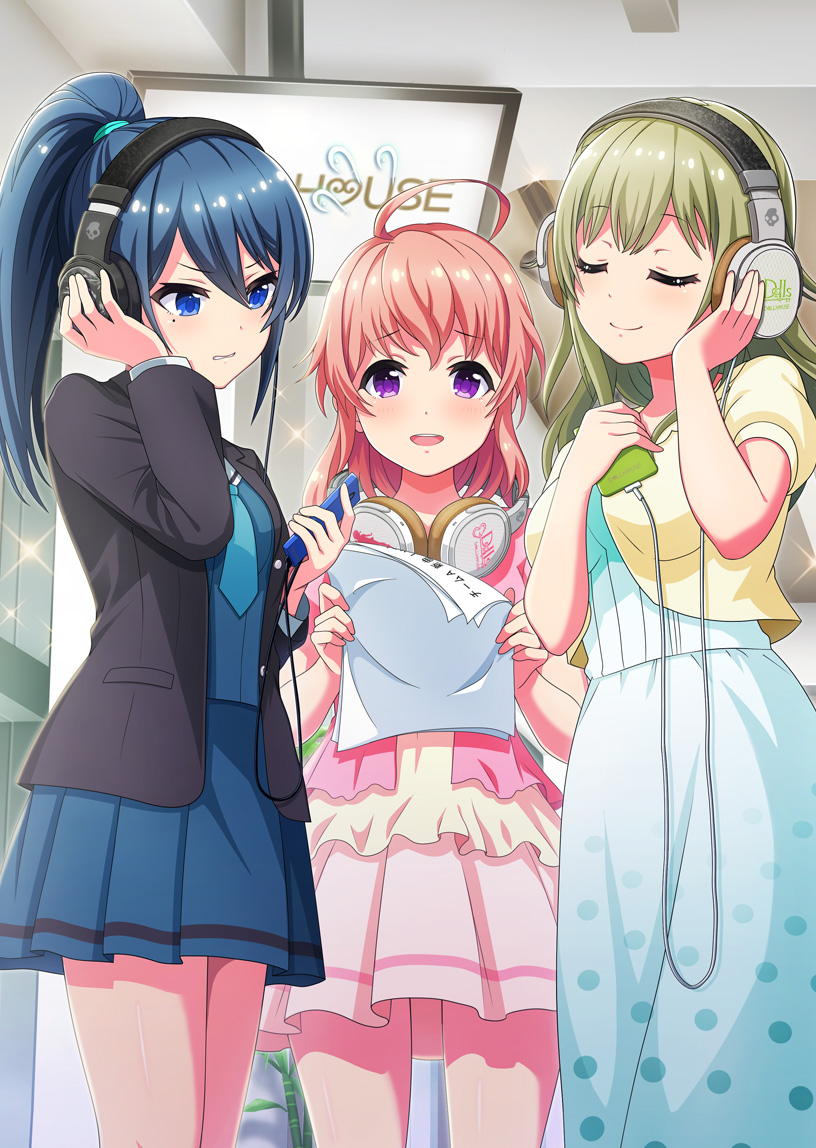 misaki (project tokyo dolls), sakura (project tokyo dolls), shiori (project tokyo dolls), project tokyo dolls, official art, second-party source, 3girls, ahoge, bamboo, black jacket, blue dress, blue eyes, blue hair, blue necktie, blue shirt, blue skirt, blush, breasts, ceiling light, cellphone, clenched teeth, closed eyes, closed mouth, cowboy shot, dot nose, dress, flying sweatdrops, green hair, hair tie, headphones, high ponytail, holding, holding paper, holding phone, indoors, jacket, long hair, long skirt, long sleeves, medium breasts, multiple girls, necktie, open clothes, open jacket, open mouth, paper, phone, pink hair, pink skirt, polka dot, polka dot skirt, ponytail, purple eyes, shirt, short sleeves, skirt, small breasts, smartphone, smile, sparkle, teeth, unbuttoned, upper teeth only, yellow jacket