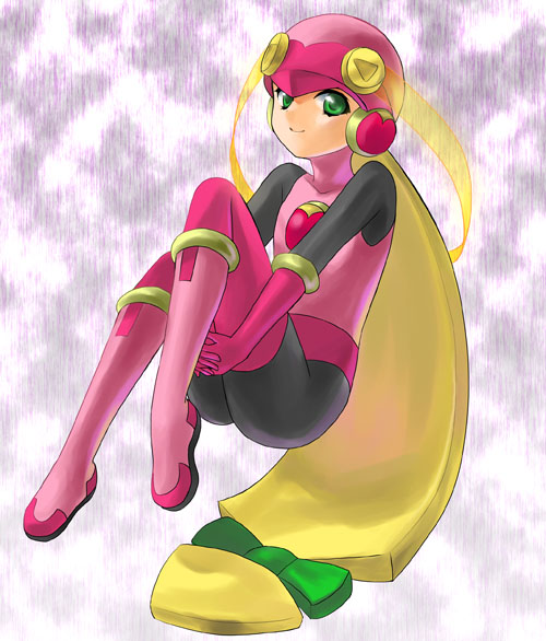 geroro, roll.exe (mega man), capcom, mega man (series), mega man battle network, mega man battle network (series), bad id, bad pixiv id, 00s, 1girl, blonde hair, bodysuit, boots, female focus, green eyes, helmet, latex, leotard, long hair, pink boots, solo, thighhighs