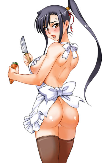 nagi raiun, kan'u (koihime musou), koihime musou, jpeg artifacts, 00s, 1girl, apron, ass, black hair, blush, breasts, carrot, knife, large breasts, naked apron, no panties, ponytail, sideboob, thighhighs, thighs