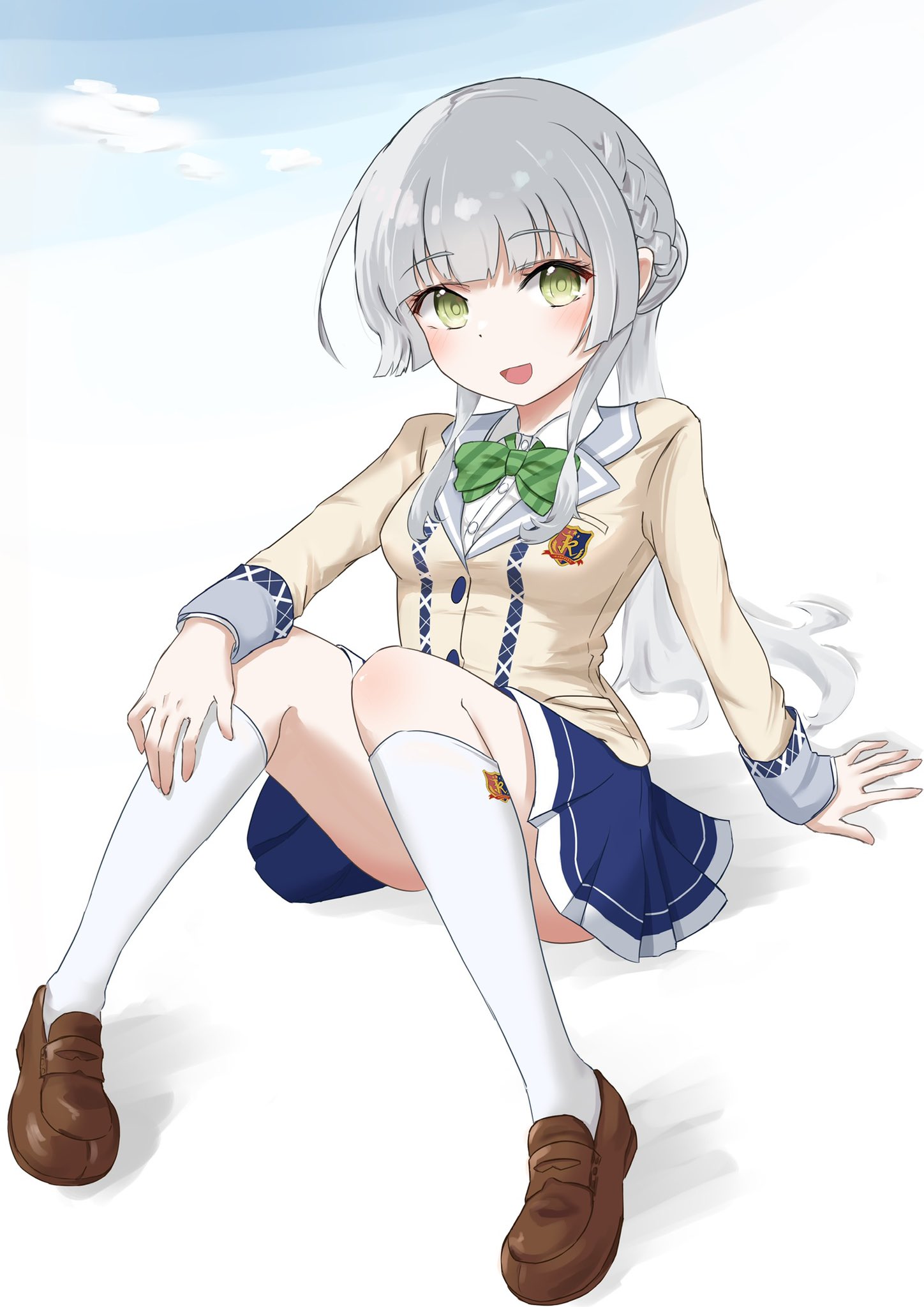 kinakollll, kashiwagi saki, ongeki, highres, 1girl, :d, blue skirt, blush, bow, braid, full body, green bow, green eyes, jacket, kneehighs, loafers, long hair, long sleeves, looking at viewer, open mouth, pleated skirt, school uniform, shirt, shoes, sitting, skirt, smile, socks, solo, striped background, white shirt