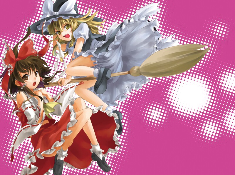 geroro, hakurei reimu, kirisame marisa, touhou, bad id, bad pixiv id, 2girls, blonde hair, bloomers, bow, braid, broom, broom riding, brown eyes, brown hair, detached sleeves, female focus, gohei, hair bow, halftone, halftone background, hat, japanese clothes, miko, multiple girls, short hair, side braid, skirt, underwear, witch, witch hat, yellow eyes