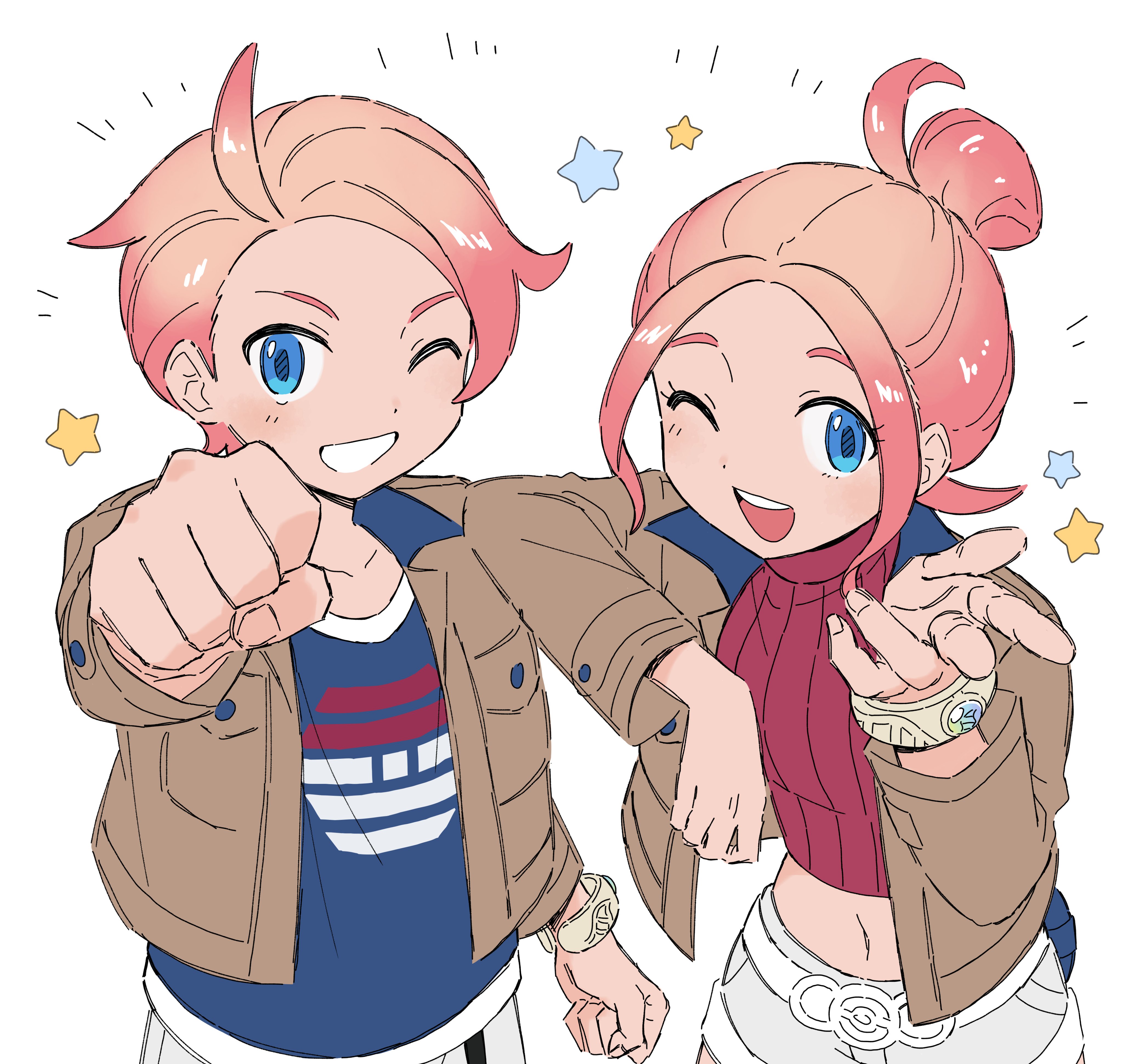 0ming p, taunie (pokemon), urbain (pokemon), nintendo, pokemon, pokemon legends: z-a, absurdres, commentary request, highres, korean commentary, 1boy, 1girl, :d, blonde hair, blue eyes, blue shirt, clenched hands, crop top, gradient hair, grin, mega ring, multicolored hair, one eye closed, open mouth, pink hair, red shirt, ribbed shirt, shirt, shorts, simple background, smile, star (symbol), turtleneck, white background, white shorts