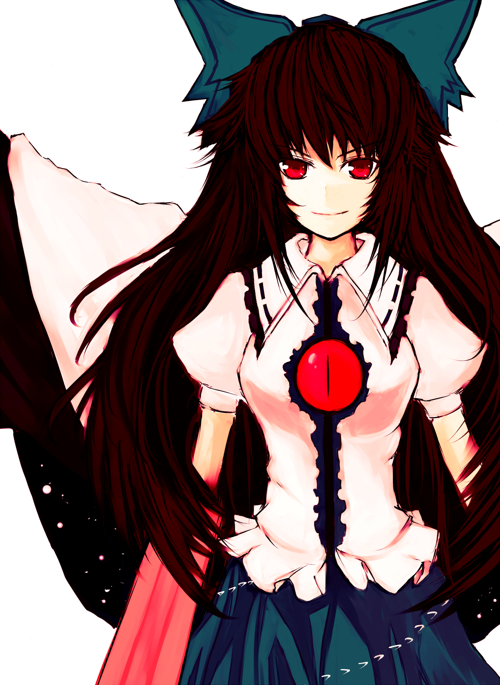 shin-ichi, sirakusu, reiuji utsuho, touhou, bad id, bad pixiv id, highres, 1girl, bow, brown hair, cape, female focus, hair bow, long hair, red eyes, solo, wings