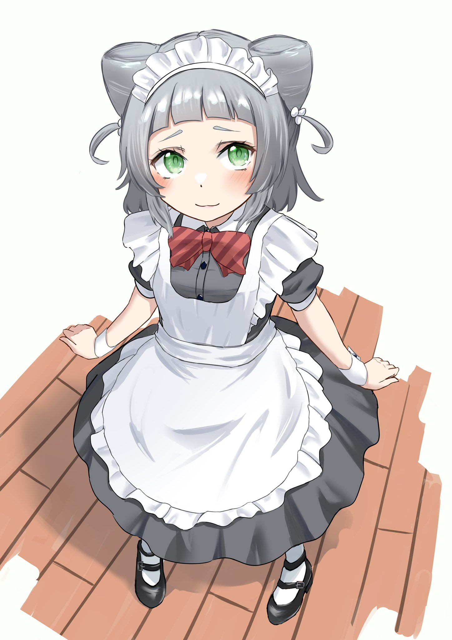 kinakollll, kashiwagi mia, ongeki, highres, 1girl, alternate costume, apron, black dress, blush, bow, bowtie, closed mouth, double bun, dress, frills, full body, green eyes, grey hair, hair bun, looking at viewer, maid, maid apron, maid headdress, mary janes, pantyhose, puffy short sleeves, puffy sleeves, red bow, shoes, short sleeves, sitting, smile, solo, white apron, wooden floor, wrist cuffs