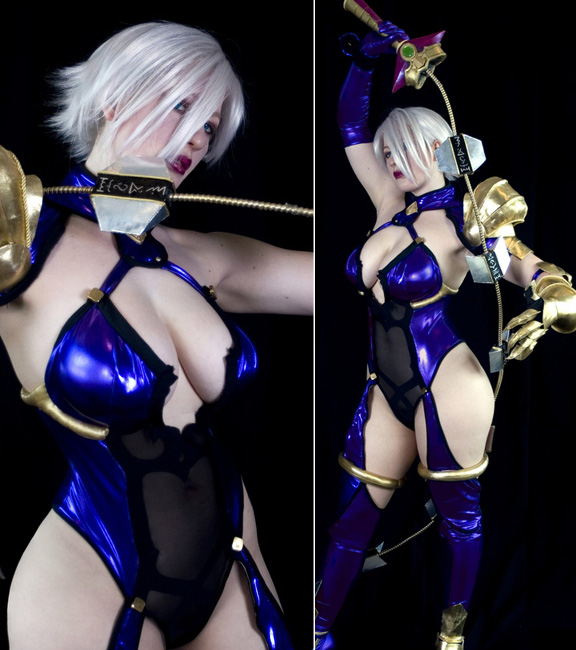 bellechere, isabella valentine, soul calibur, soulcalibur, soulcalibur ii, photo (medium), 1girl, blue eyes, cosplay, female focus, isabella valentine (cosplay), leotard, short hair, solo, sword, weapon, whip sword, white hair