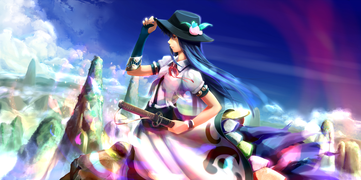 walkalone, hinanawi tenshi, touhou, 1girl, blue hair, cloud, day, female focus, fingerless gloves, food, fruit, gloves, hat, long hair, mountain, peach, sky, solo, sword, sword of hisou, weapon