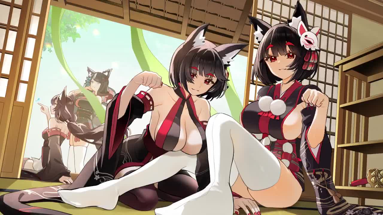yamaha tsui, yamashiro (azur lane), azur lane, animated, tagme, video, 4girls, black hair, bouncing breasts, breasts, feet, indoors, japanese clothes, kimono, large breasts, multiple girls, nails, red eyes, short hair, smile, thighhighs