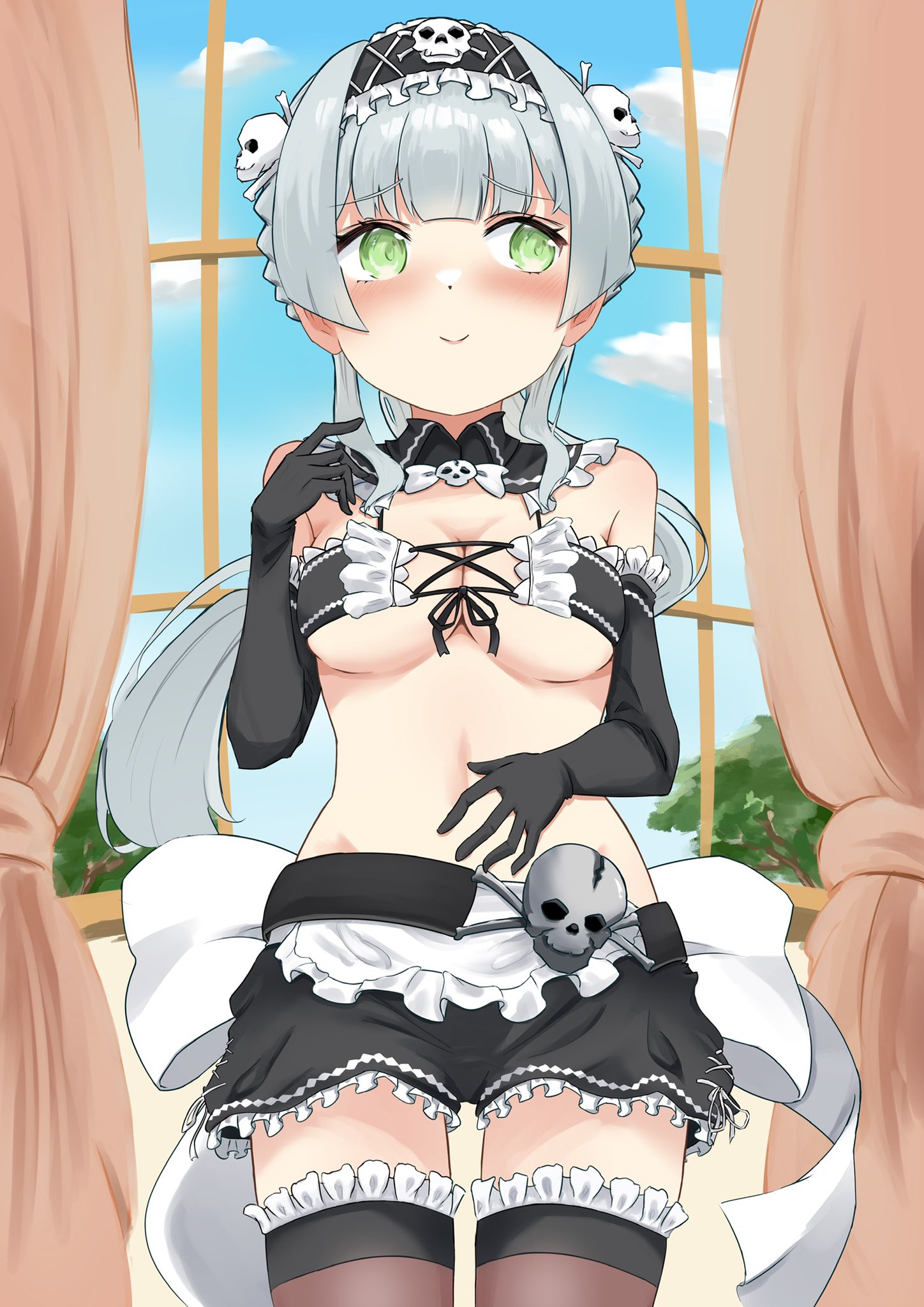 kinakollll, kashiwagi saki, onimamushi yuria, chunithm, ongeki, highres, 1girl, apron, bikini, bikini top only, black gloves, black skirt, blush, breasts, closed mouth, cosplay, cowboy shot, curtains, day, detached collar, elbow gloves, frills, gloves, green eyes, long hair, looking at viewer, maid, maid apron, maid bikini, medium breasts, midriff, miniskirt, navel, onimamushi yuria (cosplay), skirt, smile, solo, swimsuit, thighhighs, unconventional maid, underboob, waist apron, window, zettai ryouiki