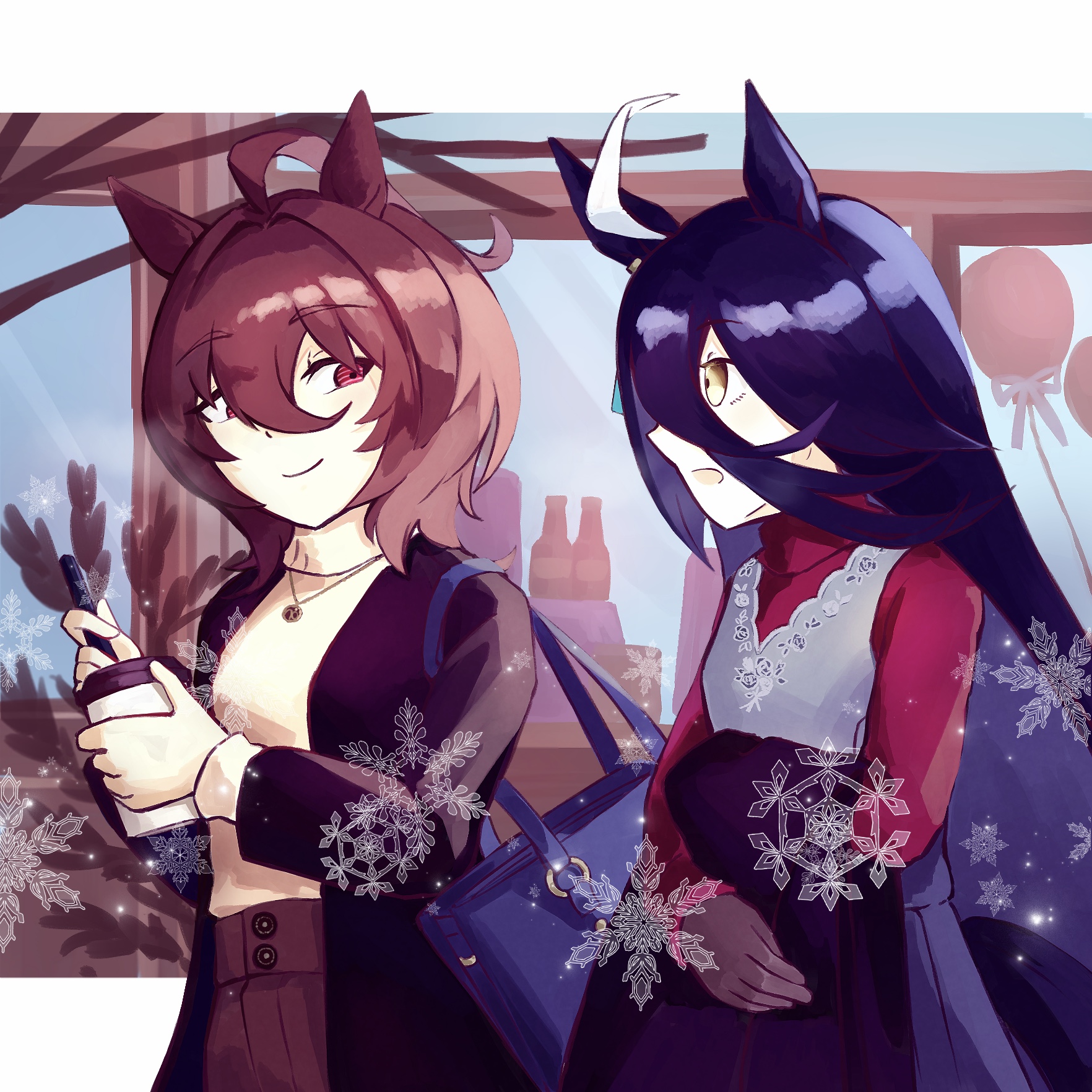 agnes tachyon (umamusume), manhattan cafe (umamusume), umamusume, highres, 253 bcl 24282, 2girls, ahoge, animal ears, black coat, black hair, bottle, brown hair, closed mouth, coat, cup, disposable cup, grey skirt, hair between eyes, hands up, holding, holding cup, holding unworn clothes, holding weapon, horse ears, horse girl, horse tail, huge ahoge, jewelry, long hair, looking at another, multicolored hair, multiple girls, necklace, open clothes, open coat, open mouth, pleated skirt, red eyes, red shirt, red skirt, red sweater, shirt, short hair, skirt, smile, sweater, sweater tucked in, tail, turtleneck, turtleneck sweater, unworn coat, very long hair, weapon, white hair, yellow eyes, yellow sweater