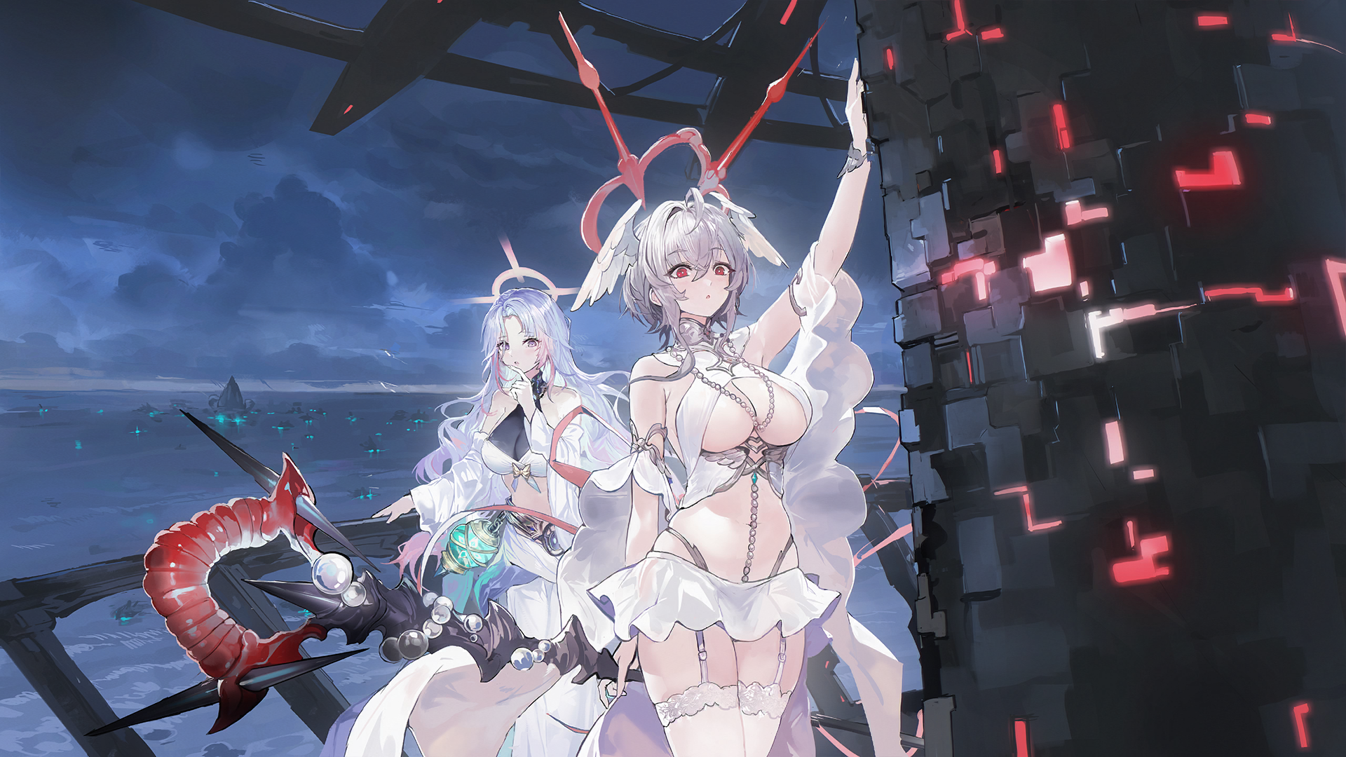 ganj-i-sawai (azur lane), pearl (azur lane), azur lane, game cg, highres, non-web source, 2girls, bikini, blush, breasts, brushing, garter straps, halo, head wings, highleg, highleg panties, holding, holding staff, jewelry, large breasts, lens flare, leotard, long hair, medium hair, midriff, multicolored hair, multiple girls, necklace, open mouth, panties, parted lips, pearl necklace, pink hair, purple eyes, purple hair, revealing clothes, ribbon, ribs, sitting, skirt, staff, surprised, swimsuit, thighhighs, thinking, underwear, very long hair, wariza, weapon, white bikini, white garter straps, white hair, white panties, white skirt, white thighhighs, wings