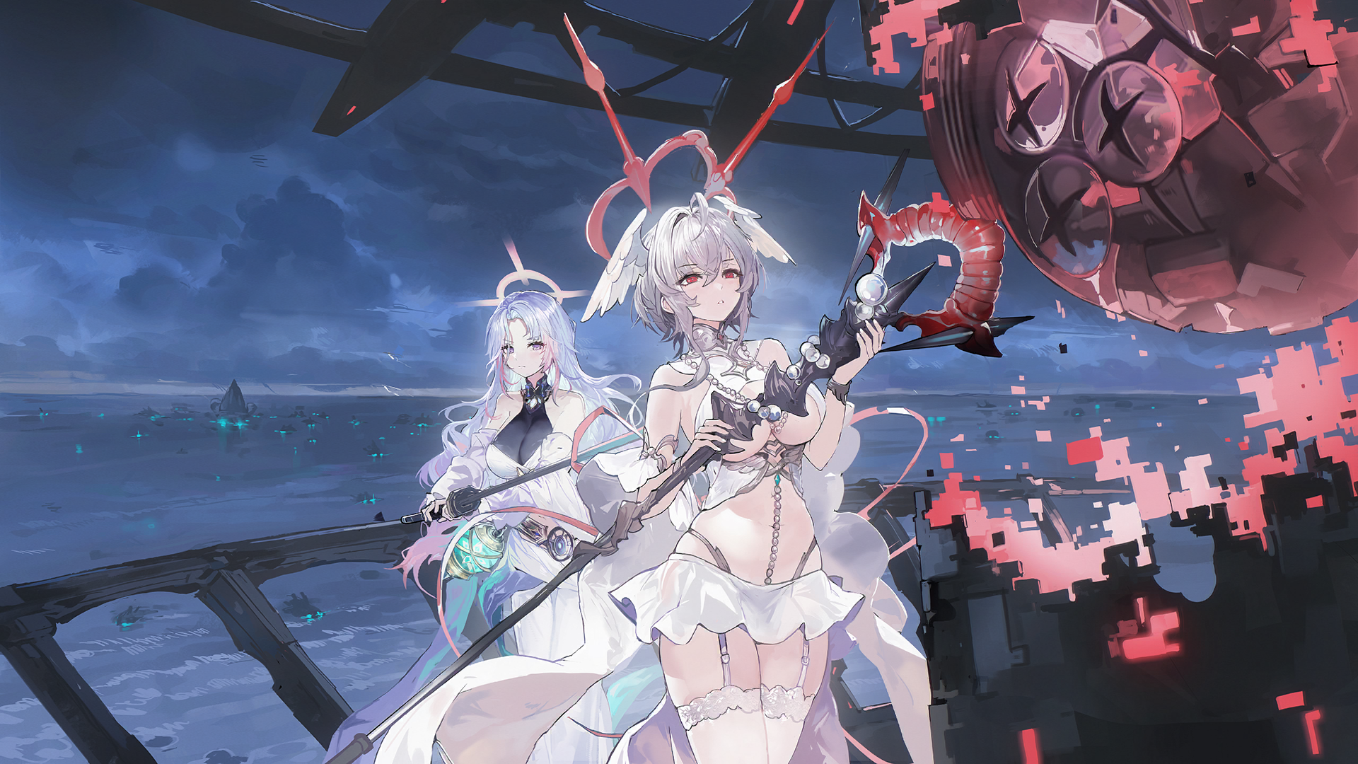 ganj-i-sawai (azur lane), pearl (azur lane), azur lane, game cg, highres, non-web source, 2girls, bikini, blush, breasts, brushing, garter straps, halo, head wings, highleg, highleg panties, holding, holding staff, jewelry, large breasts, lens flare, leotard, long hair, machine, machinery, medium hair, midriff, multicolored hair, multiple girls, necklace, open mouth, panties, parted lips, pearl necklace, pink hair, purple eyes, purple hair, revealing clothes, ribbon, ribs, sitting, skirt, staff, swimsuit, thighhighs, thinking, underwear, very long hair, wariza, weapon, white bikini, white garter straps, white hair, white panties, white skirt, white thighhighs, wings