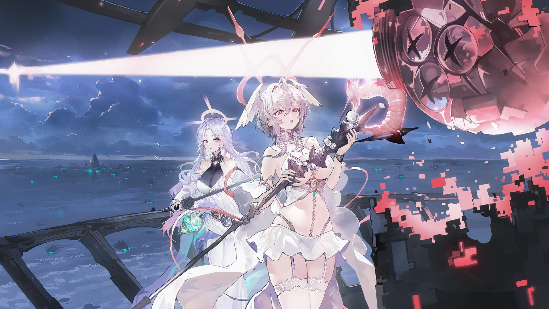 ganj-i-sawai (azur lane), pearl (azur lane), azur lane, game cg, highres, non-web source, 2girls, bikini, blush, breasts, brushing, garter straps, halo, head wings, highleg, highleg panties, holding, holding staff, jewelry, large breasts, lens flare, leotard, long hair, machine, machinery, medium hair, midriff, multicolored hair, multiple girls, necklace, open mouth, panties, parted lips, pearl necklace, pink hair, purple eyes, purple hair, revealing clothes, ribbon, ribs, sitting, skirt, staff, swimsuit, thighhighs, thinking, underwear, very long hair, wariza, weapon, white bikini, white garter straps, white hair, white panties, white skirt, white thighhighs, wings
