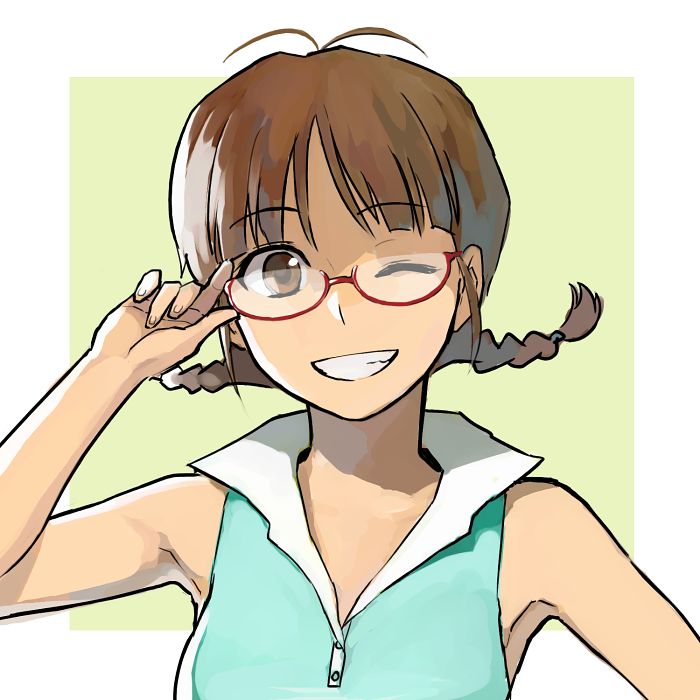 b suke, akizuki ritsuko, idolmaster, idolmaster (classic), commentary request, 1girl, adjusting eyewear, antenna hair, braid, breasts, brown eyes, brown hair, glasses, grin, medium breasts, one eye closed, semi-rimless eyewear, shirt, sleeveless, sleeveless shirt, smile, solo, twin braids, under-rim eyewear