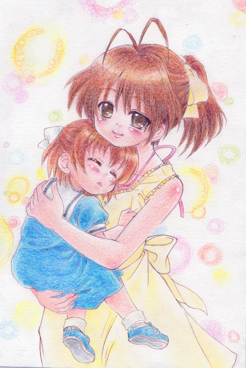 shira (kunseitamago), furukawa nagisa, okazaki ushio, clannad, traditional media, 00s, brown eyes, brown hair, carrying, child, dress, ponytail, school uniform, short hair, sleeping