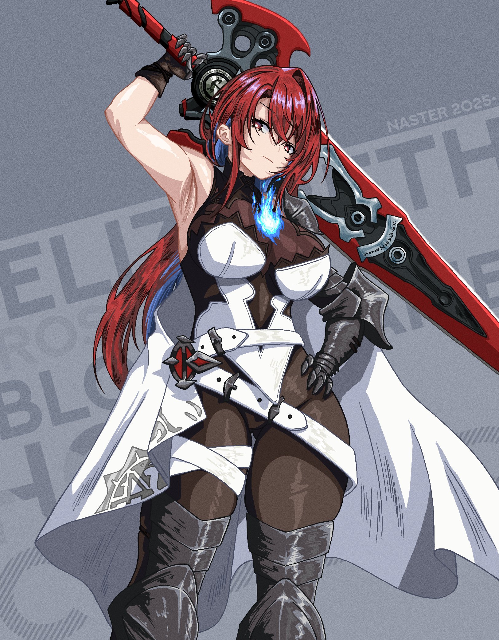 nasterro, elizabeth rose bloodflame, hololive, hololive english, highres, 1girl, arm up, armpits, blue hair, bodysuit, boots, breasts, fire, gauntlets, hand on own hip, large breasts, looking at viewer, multicolored hair, red eyes, red hair, single hair intake, solo, sword, thigh boots, two-tone hair, virtual youtuber, weapon, weighing scale