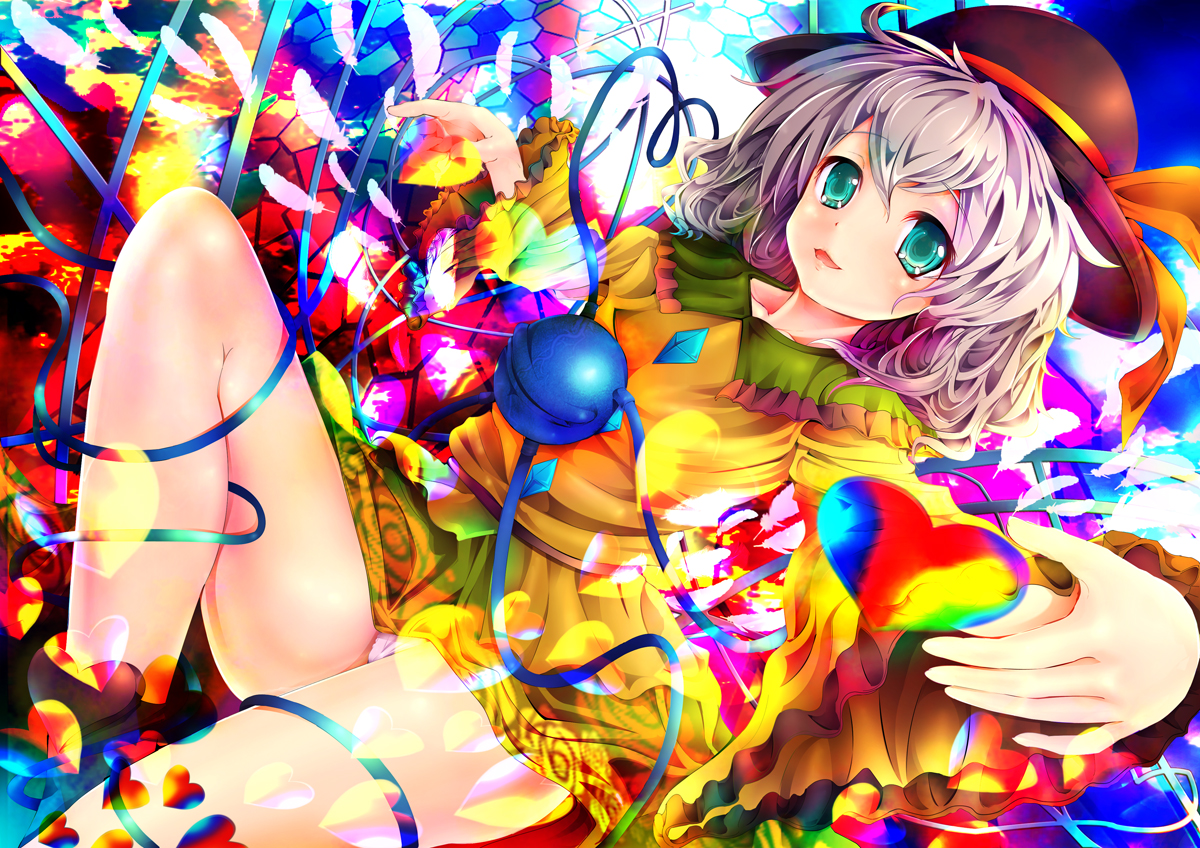 teruru, komeiji koishi, touhou, 1girl, blue eyes, colorful, female focus, hat, heart, panties, solo, underwear