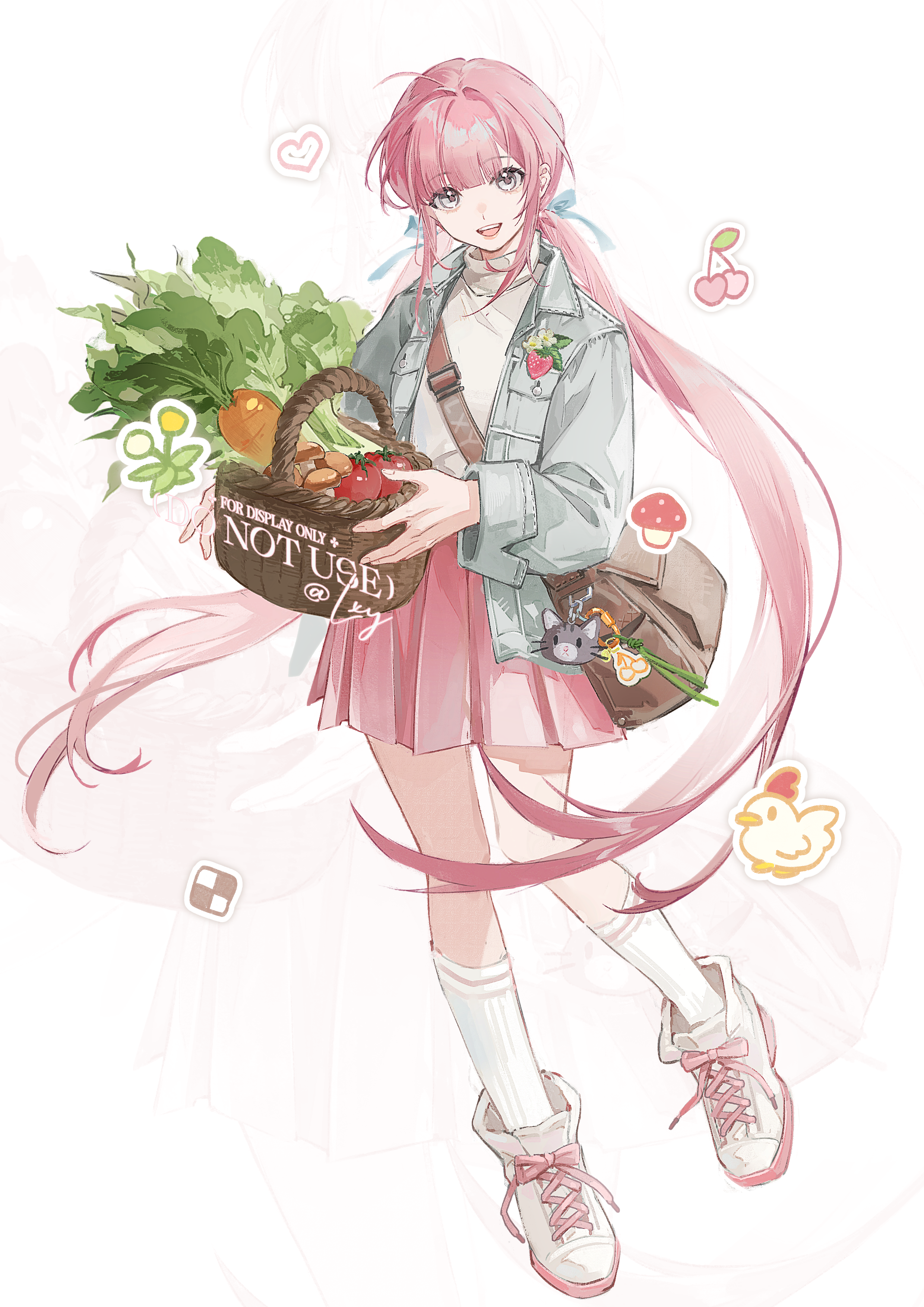 original, stardew valley, absurdres, highres, 1girl, animal charm, bag, bag charm, basket, brown hat, carrot, charm (object), denim, denim jacket, food, full body, grey jacket, hat, heart, holding, holding basket, jacket, long hair, looking at viewer, low twintails, luxingyao, mushroom, open clothes, open jacket, open mouth, pink hair, pink skirt, player character (stardew valley), pleated skirt, shoes, shoulder bag, skirt, socks, solo, tomato, twintails, vegetable, very long hair, white shoes, zoom layer