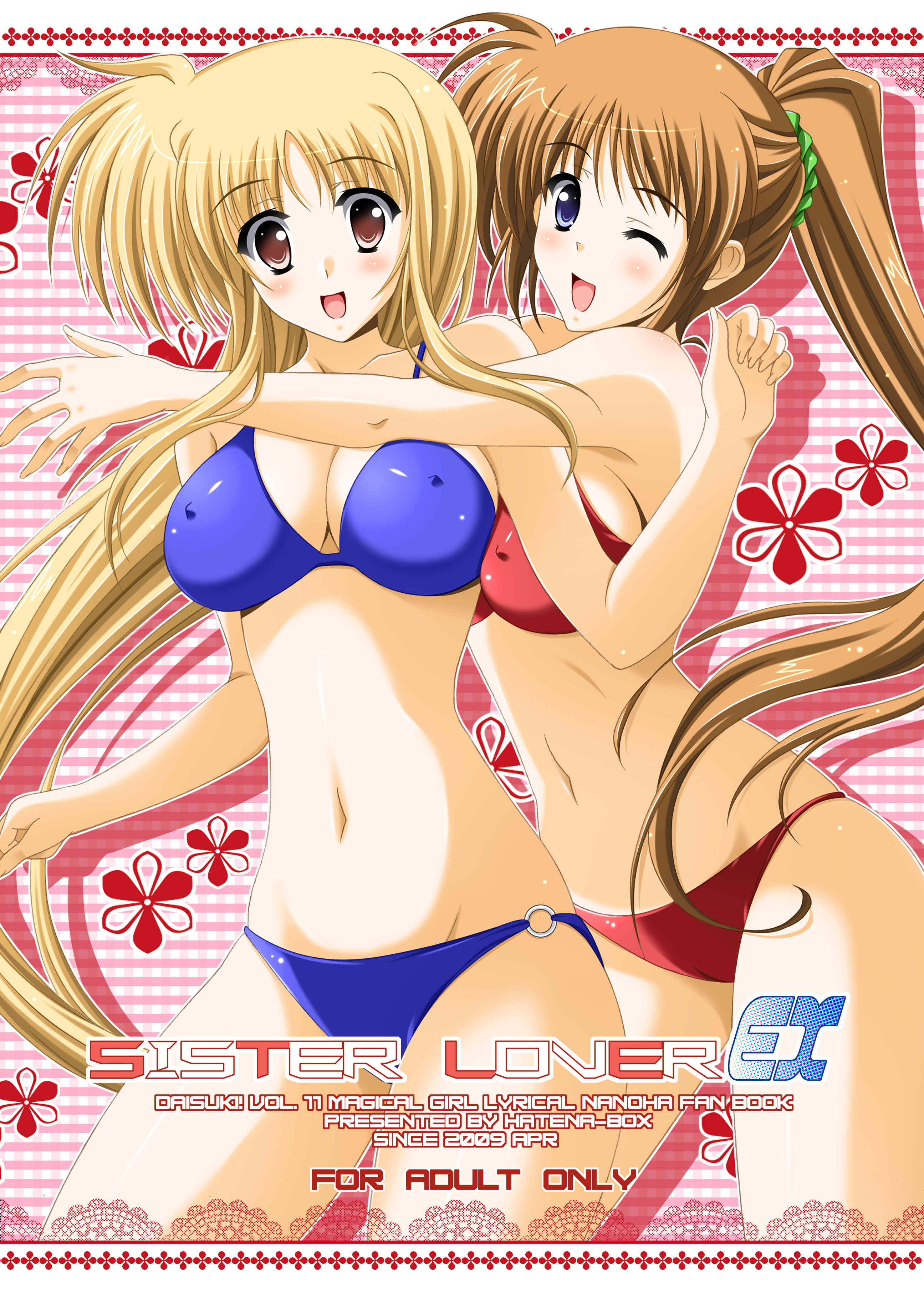 oda ken'ichi, fate testarossa, takamachi nanoha, lyrical nanoha, mahou shoujo lyrical nanoha, mahou shoujo lyrical nanoha strikers, absurdres, highres, 00s, 2girls, bikini, blonde hair, blue eyes, breasts, brown hair, covered erect nipples, hug, large breasts, long hair, multiple girls, one eye closed, ponytail, purple eyes, red eyes, side ponytail, swimsuit, wink