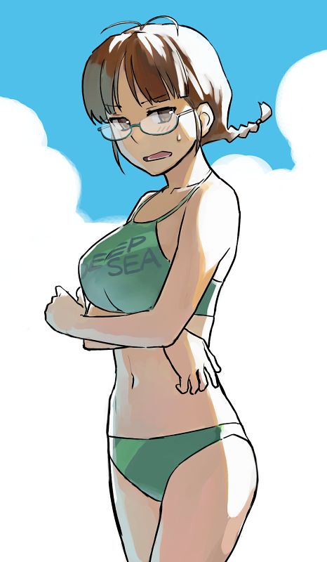b suke, akizuki ritsuko, idolmaster, idolmaster (classic), commentary request, 1girl, alternate breast size (larger), antenna hair, bikini, braid, breasts, brown eyes, brown hair, cowboy shot, glasses, green bikini, halterneck, large breasts, navel, solo, sweatdrop, swimsuit