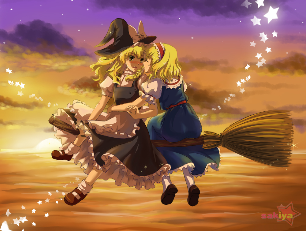 w rong, alice margatroid, kirisame marisa, touhou, 2girls, arm around waist, blonde hair, blush, broom, broom riding, cloud, female focus, hairband, hat, hug, imminent kiss, kiss, long hair, multiple girls, multiple riders, ribbon, shoes, short hair, sidesaddle, skirt, sky, socks, star (symbol), sunset, witch, witch hat, yellow eyes, yuri