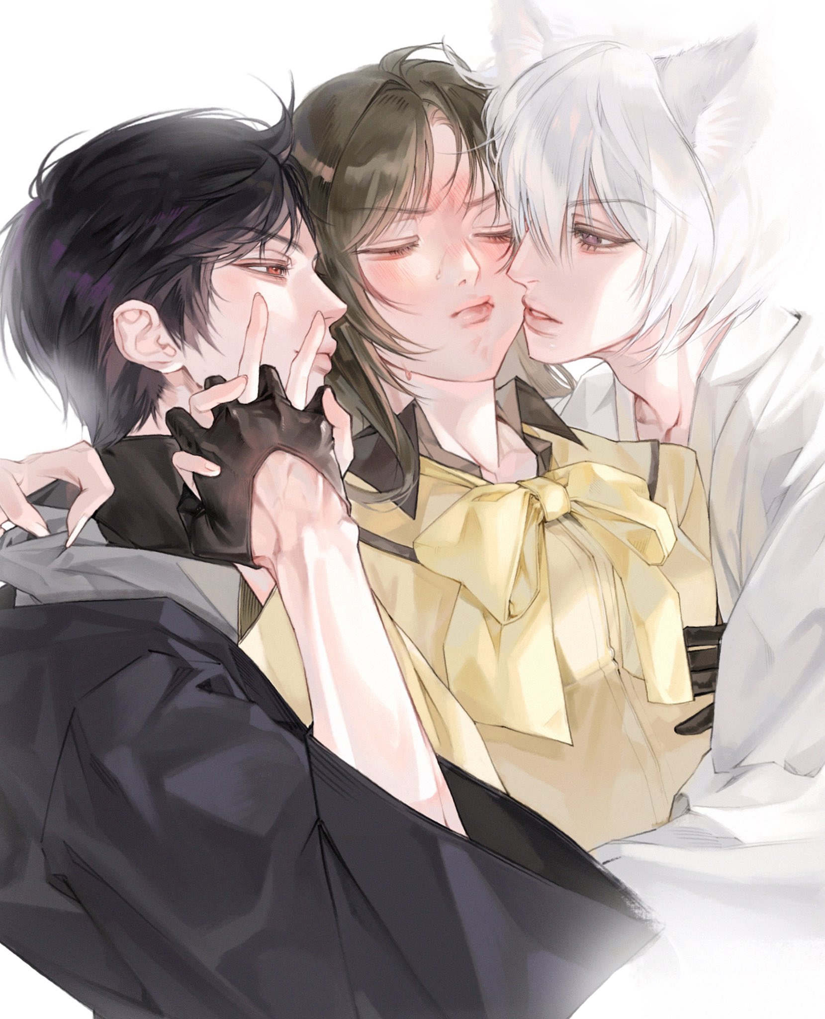 momozono nanami, tomoe (kamisama hajimemashita), kamisama hajimemashita, highres, 1girl, 2boys, akura-ou, animal ears, babari, black gloves, black hair, black kimono, blush, brown hair, closed eyes, fingernails, fox boy, fox ears, gloves, hand on another's arm, hand on another's shoulder, hetero, holding hands, interlocked fingers, japanese clothes, kimono, kirihito (kamisama hajimemashita), long hair, multiple boys, neck ribbon, purple eyes, red eyes, ribbon, school uniform, serafuku, shirt, short hair, simple background, sweat, white background, white hair, white kimono, yellow ribbon, yellow serafuku, yellow shirt