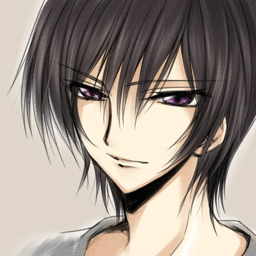 jyuru, lelouch vi britannia, code geass, bad id, bad pixiv id, lowres, 00s, 1boy, black hair, brown hair, gradient background, male focus, purple eyes, short hair, sketch, solo
