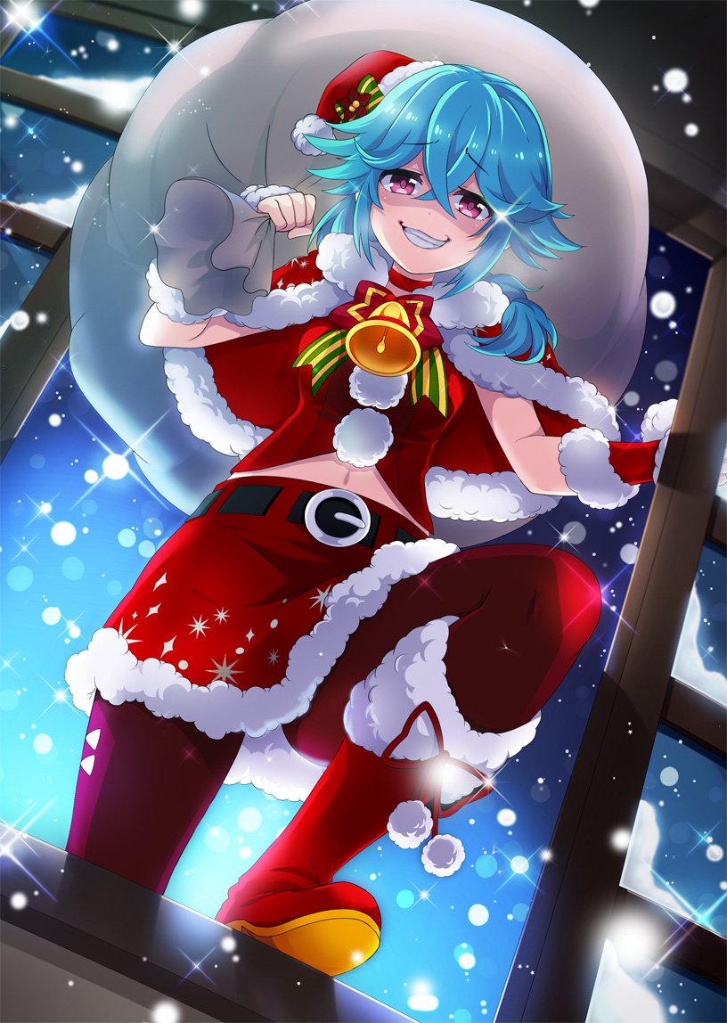 yamada (project tokyo dolls), project tokyo dolls, commentary request, official art, second-party source, 1girl, bell, belt, black belt, blue hair, boots, bow, breasts, capelet, dot nose, evil grin, evil smile, foot up, from below, fur-trimmed capelet, fur-trimmed skirt, fur trim, green bow, grin, hair between eyes, hat, hat bow, holding, holding sack, indoors, leggings, looking at viewer, low side ponytail, medium breasts, medium hair, navel, neck bell, night, open window, pants, pom pom (clothes), purple eyes, red boots, red capelet, red leggings, red pants, red skirt, sack, santa costume, santa hat, shaded face, sidelocks, skirt, smile, snowing, solo, sparkle, striped bow, window