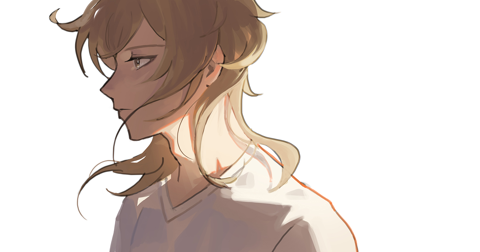 8083 blue, hakaze kaoru, ensemble stars!, commentary request, highres, 1boy, adam's apple, brown eyes, brown hair, closed mouth, expressionless, from side, hair between eyes, long hair, male focus, shirt, simple background, solo, upper body, white background, white shirt
