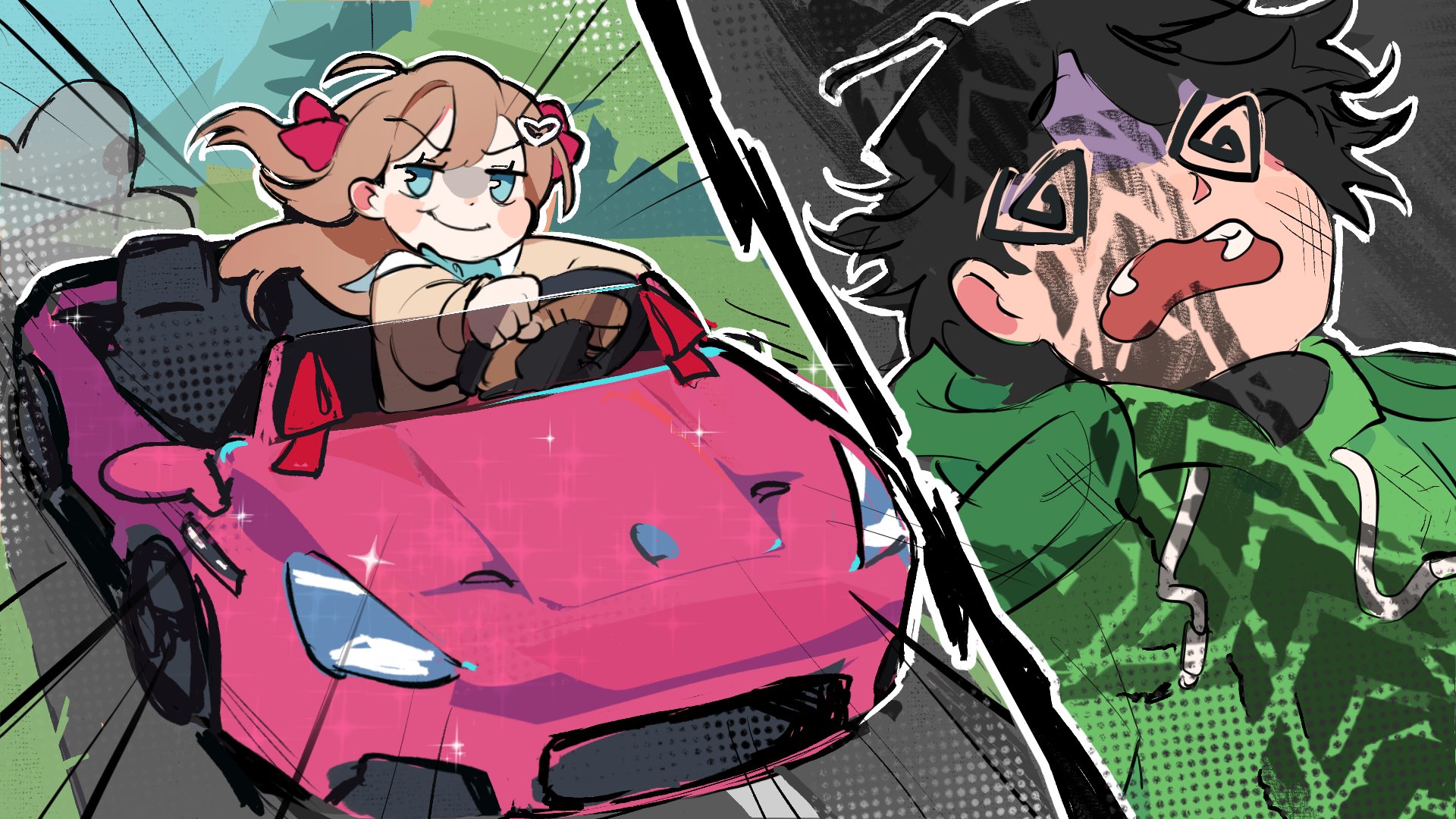 pasharuu, neuro-sama, vedal987, commentary, english commentary, highres, official art, video thumbnail, 1boy, 1girl, @ @, ahoge, aqua eyes, blush, blush stickers, brown hair, car, closed mouth, driving, emphasis lines, eyelashes, grass, green hoodie, hair ornament, hair ribbon, heart, heart hair ornament, hood, hood down, hoodie, motor vehicle, open mouth, outdoors, outline, red ribbon, ribbon, road, short hair, skid mark, smile, smug, sparkle, spiral-only eyes, teeth, tree, upper teeth only, vedal ai, virtual youtuber, white outline, youtube video thumbnail