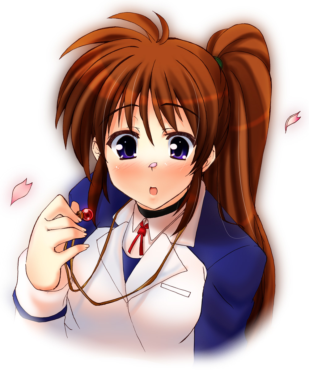 iga tamaki, raising heart, raising heart (standby mode), takamachi nanoha, lyrical nanoha, mahou shoujo lyrical nanoha, mahou shoujo lyrical nanoha strikers, highres, 00s, 1girl, blue eyes, blush, brown hair, female focus, jewelry, long hair, military, military uniform, necklace, petals, purple eyes, red hair, side ponytail, solo