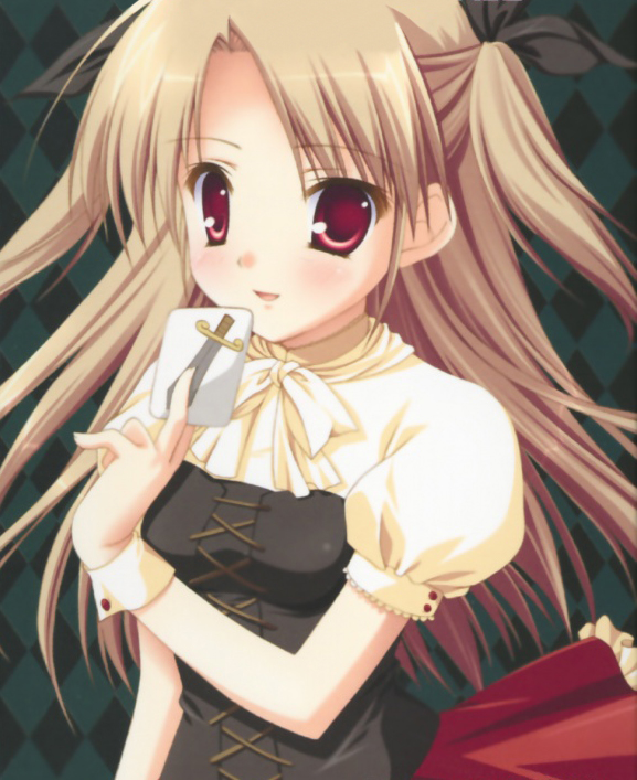 non-web source, 1girl, brown hair, card, dress, female focus, holding, holding card, long hair, red eyes, solo, sword, twintails, weapon, wrist cuffs