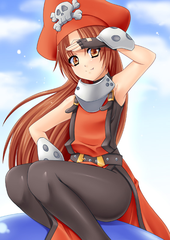 hayami kyuuen, may (guilty gear), arc system works, guilty gear, 1girl, brown eyes, brown hair, female focus, fingerless gloves, gloves, hat, legs, long hair, orange hat, orange shirt, pantyhose, shirt, solo, very long hair
