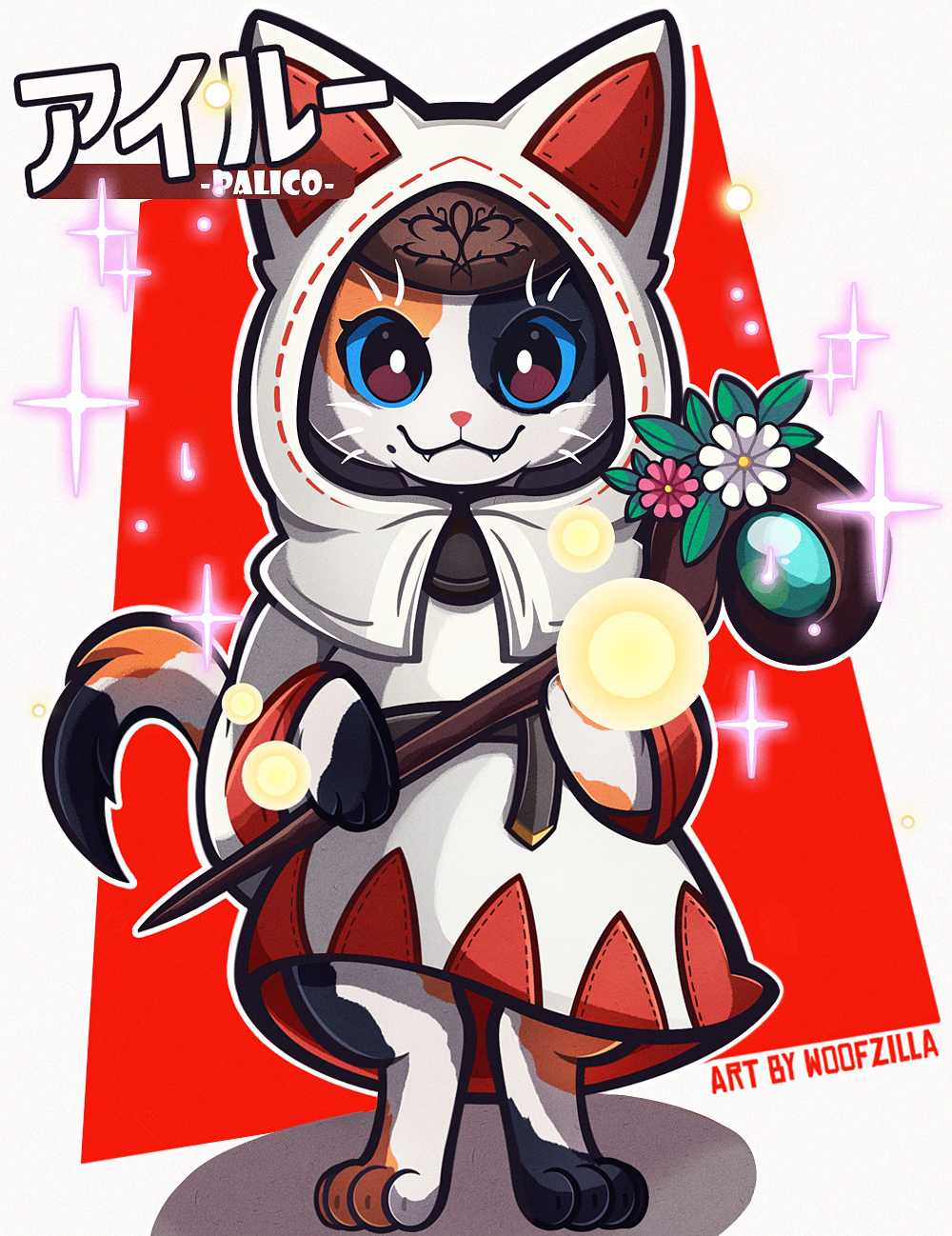woofzilla, white mage (final fantasy), final fantasy, monster hunter (series), commentary, english commentary, highres, translation request, animal, artist name, blue sclera, character name, clothed animal, colored sclera, cosplay, fangs, holding, holding staff, hood, no humans, player palico, solo, sparkle, staff, standing, white mage (final fantasy) (cosplay)