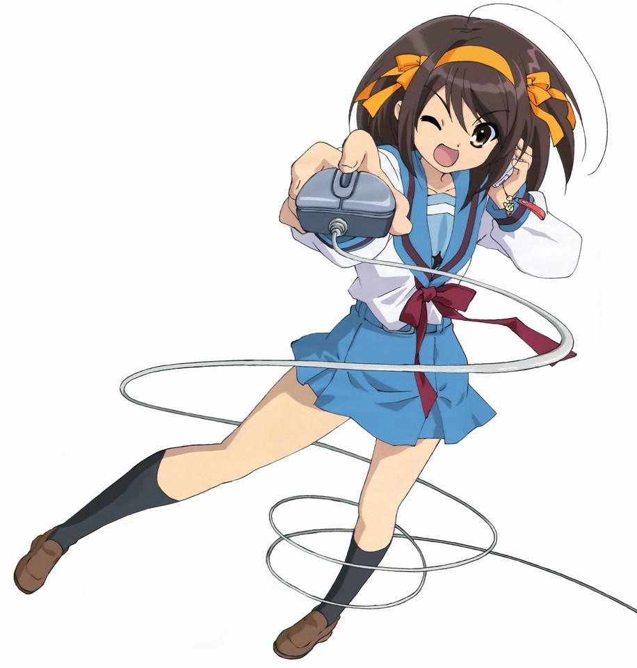 suzumiya haruhi, suzumiya haruhi no yuuutsu, non-web source, 00s, brown eyes, brown hair, cellphone, computer mouse, hairband, one eye closed, open mouth, phone, school uniform, serafuku, short hair, solo, wink