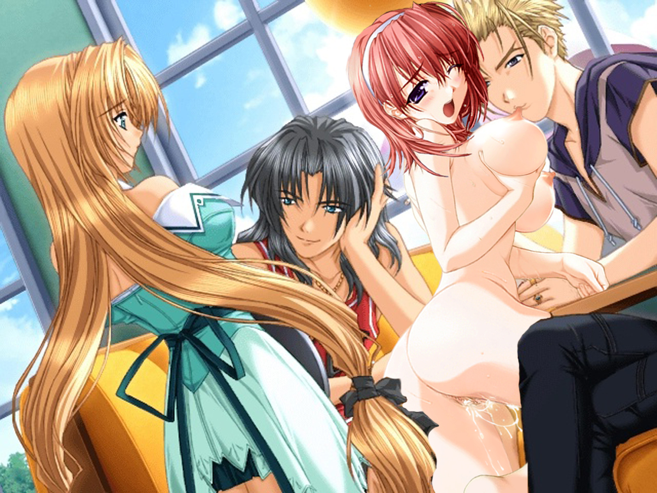 hasegawa akemi, pia carrot (series), pia carrot e youkoso!!, pia carrot e youkoso!! 3, 1990s (style), 2boys, 2girls, against wall, ass, blonde hair, blue eyes, breasts, large breasts, long hair, multiple boys, multiple girls, nipples, nude, open mouth, purple eyes, pussy, red hair, retro artstyle, uncensored