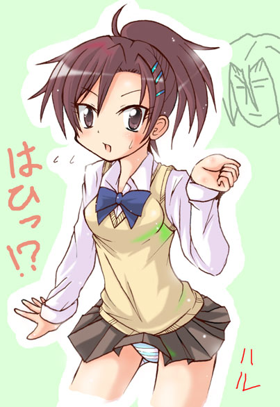 kamashi, miura haru, katekyo hitman reborn!, 00s, 1girl, blue panties, blush, bow, bowtie, brown eyes, brown hair, clothes lift, dress shirt, female focus, hair ornament, hairclip, miniskirt, panties, pantyshot, ponytail, school uniform, shirt, short hair, skirt, skirt lift, solo, standing, striped clothes, striped panties, sweat, underwear, vest, wind, wind lift