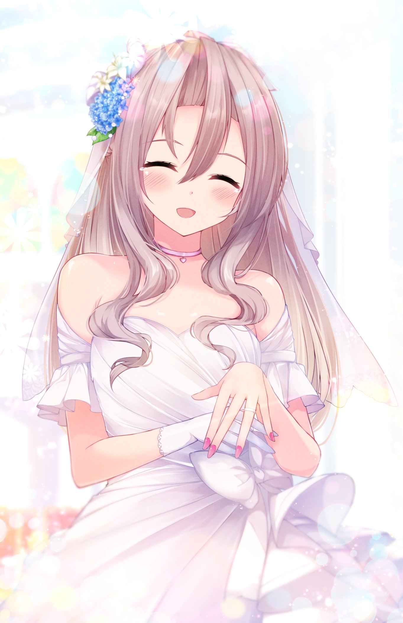 fuuna, zuihou (kancolle), kantai collection, highres, 1girl, breasts, bridal veil, choker, dress, facing viewer, gloves, grey hair, hair intakes, jewelry, long hair, nail polish, off-shoulder dress, off shoulder, red nails, ring, single glove, small breasts, smile, solo, unworn gloves, upper body, veil, wedding ring, white choker, white dress, white gloves