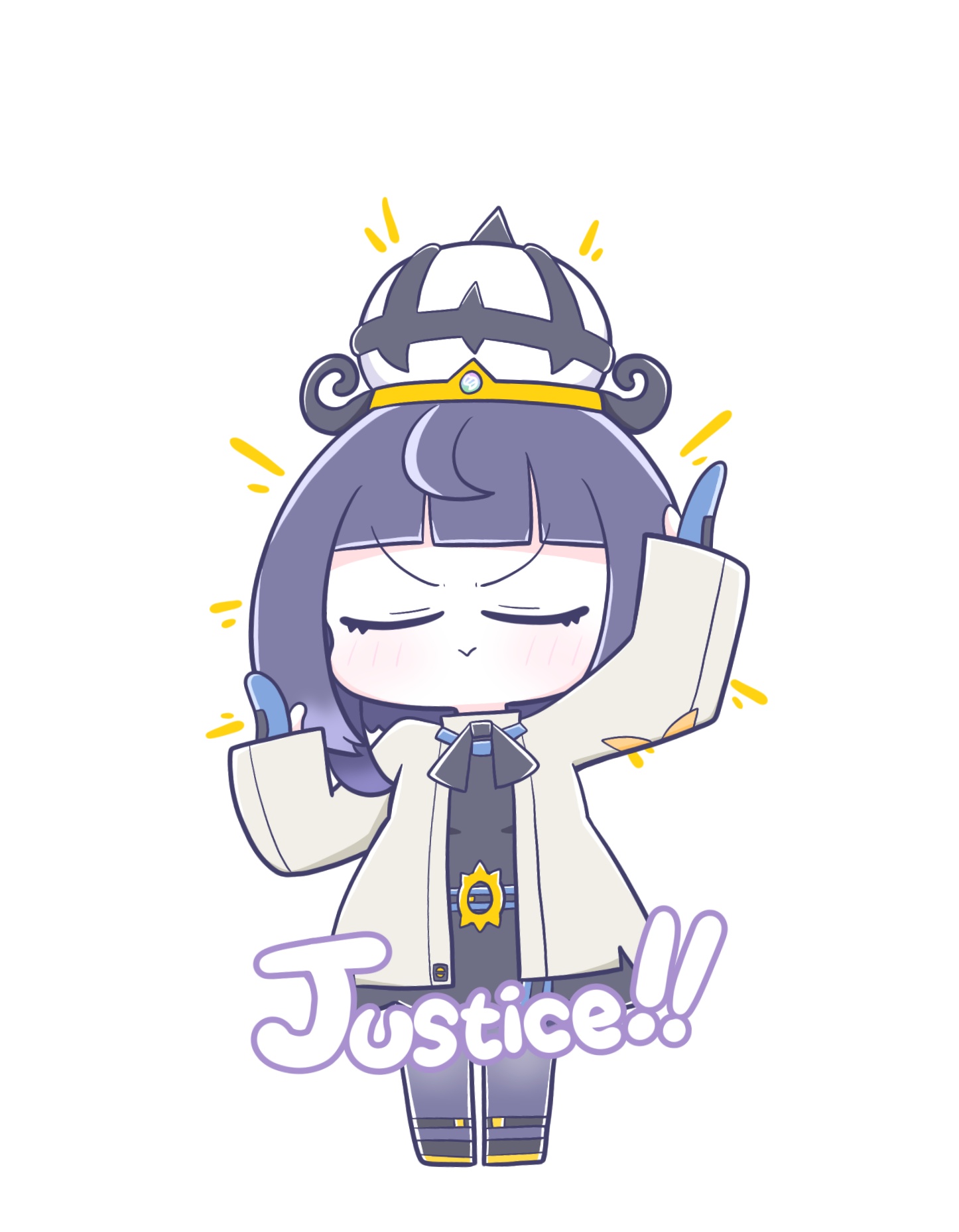 sirokochu, gwynn (pokemon), nintendo, pokemon, pokemon legends: z-a, highres, 1girl, belt, belt buckle, blue gloves, blunt bangs, blush, bob cut, buckle, chibi, chibi only, closed eyes, closed mouth, coat, english text, facing viewer, full body, gloves, hat, long sleeves, mega stone, o-ring, o-ring belt, open clothes, open coat, pantyhose, partially fingerless gloves, purple hair, short hair, solo, standing, white background, white coat, white hat