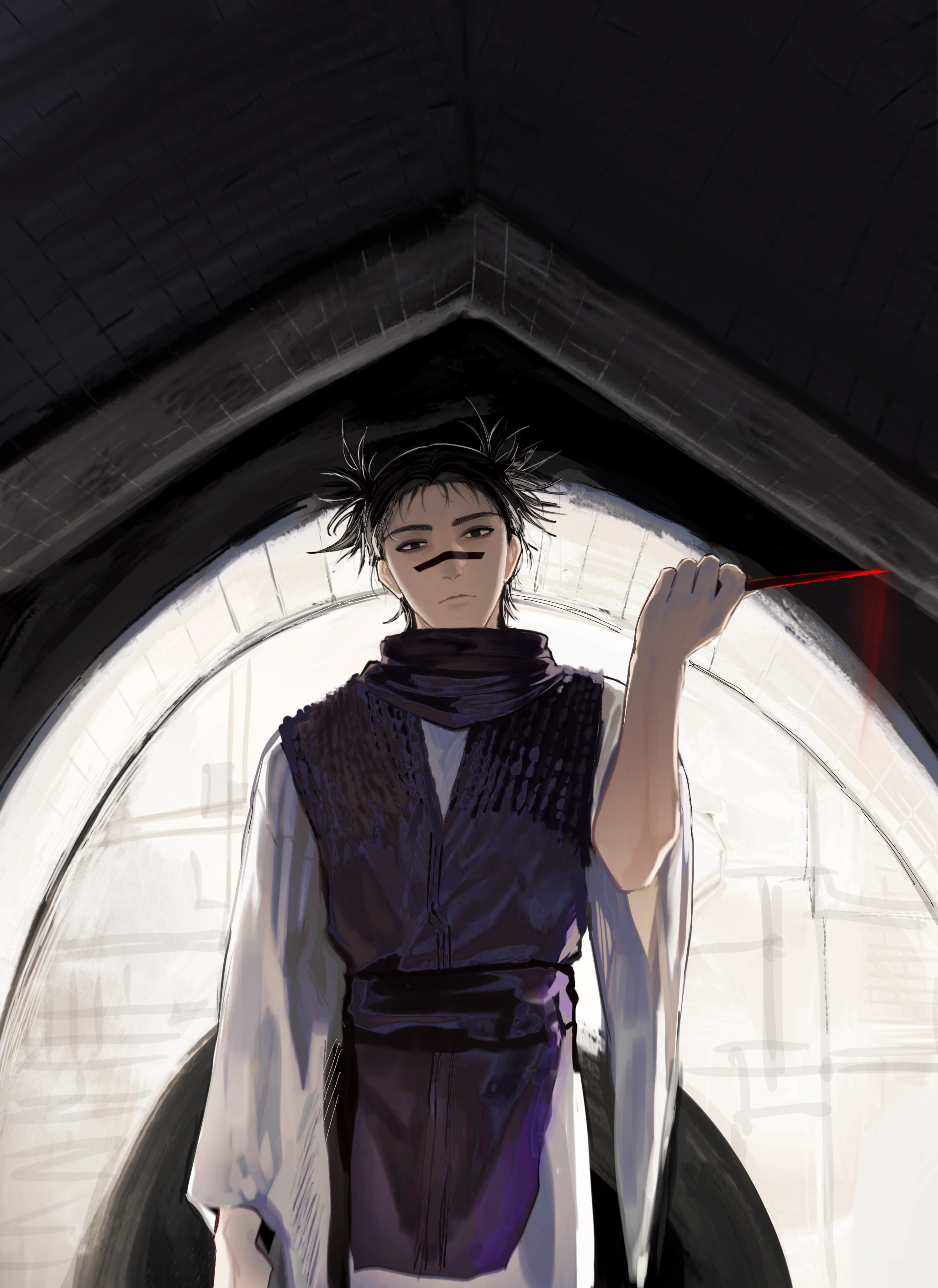 kotomine (a1569), choso (jujutsu kaisen), jujutsu kaisen, absurdres, commentary request, highres, 1boy, black eyes, black hair, black scarf, cowboy shot, expressionless, holding, holding weapon, indoors, japanese clothes, long sleeves, looking at viewer, male focus, scarf, short hair, solo, weapon, wide sleeves