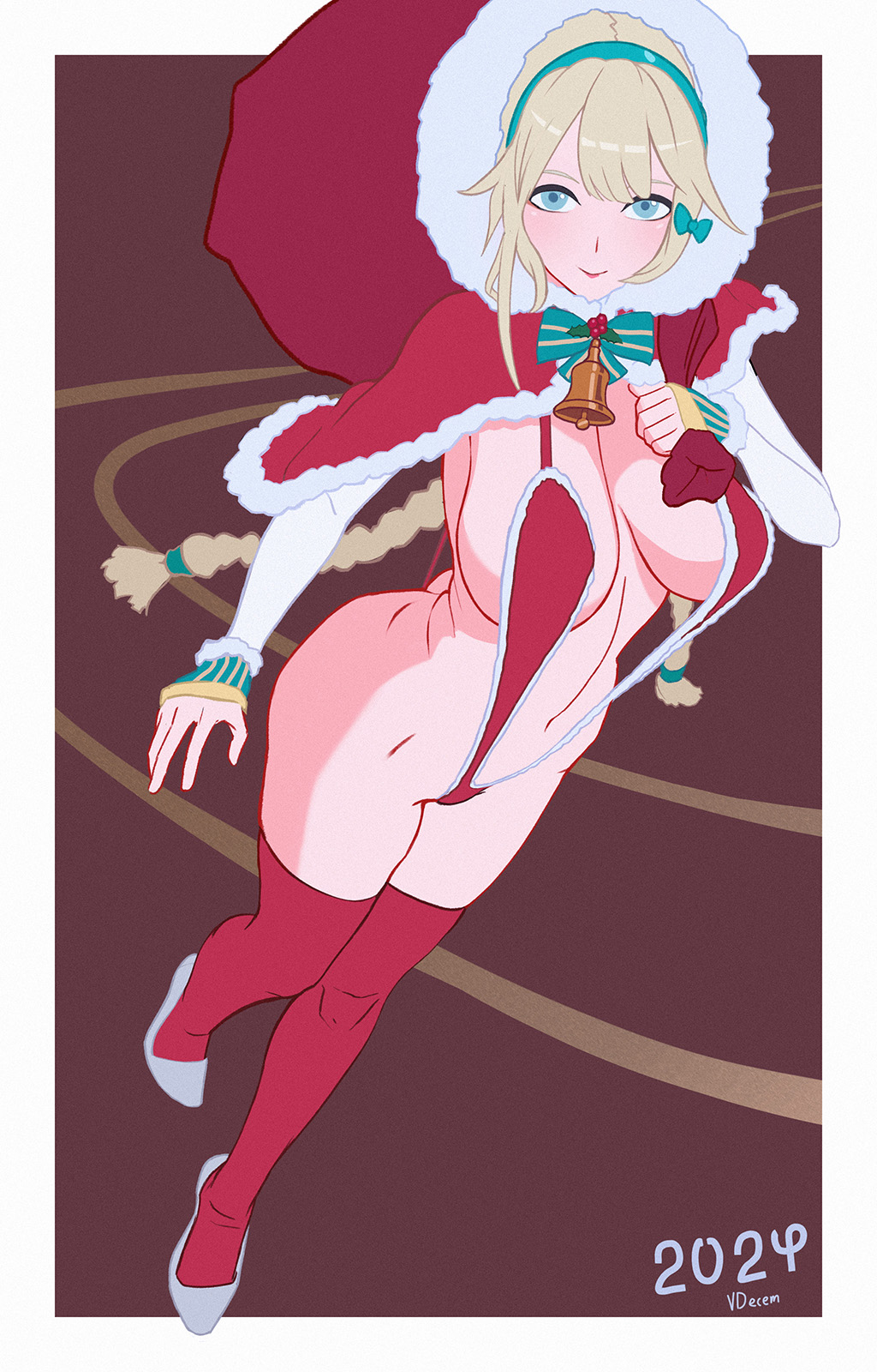 v.x., original, highres, 1girl, bell, blonde hair, blue bow, blue eyes, bow, bowtie, braid, brown background, grey slippers, hair bow, hair tie, hairband, holding, holding sack, holly, navel, neck bell, red thighhighs, sack, santa costume, slingshot swimsuit, slippers, smile, solo, swimsuit, thighhighs