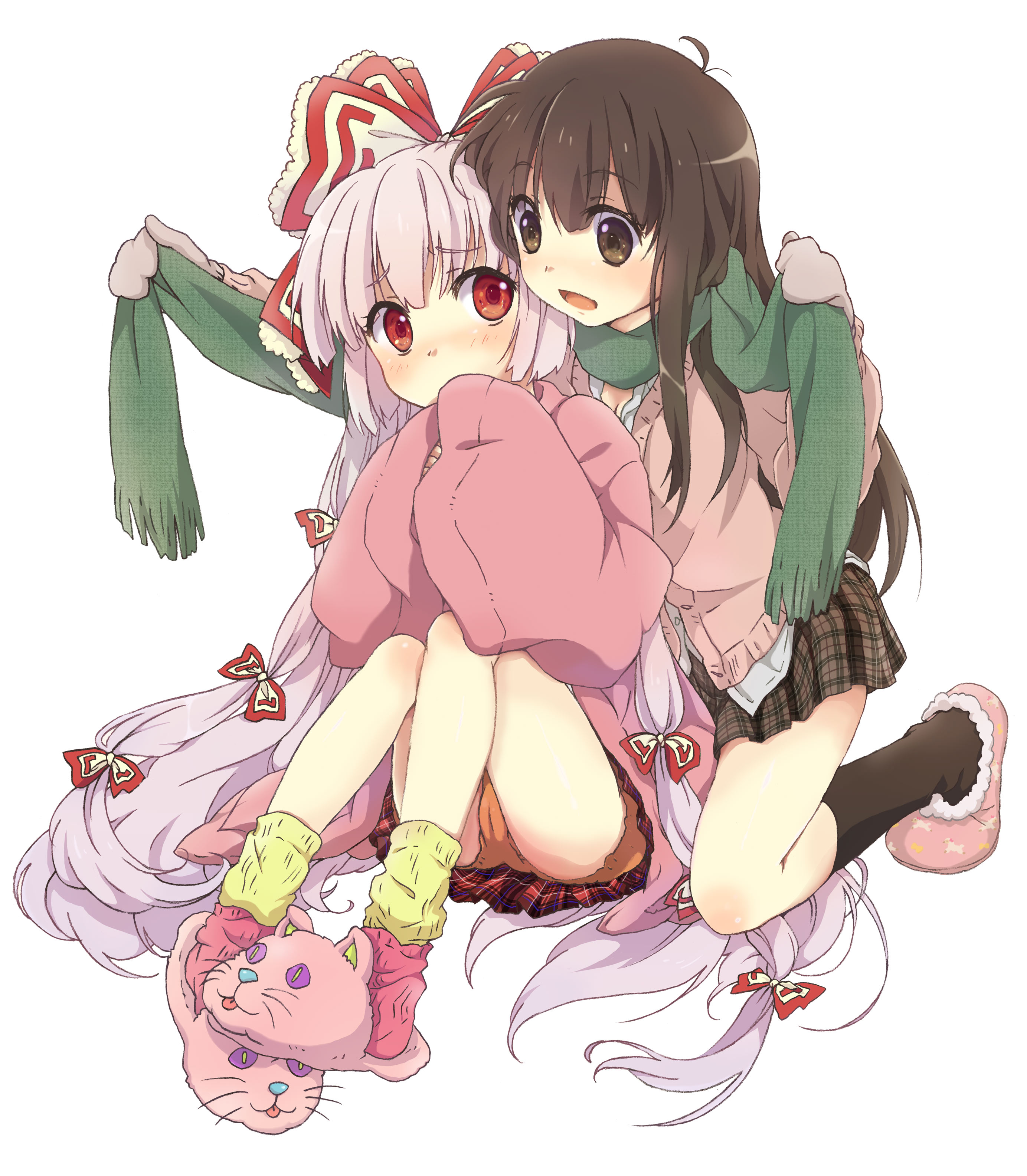 kona, kona (canaria), fujiwara no mokou, houraisan kaguya, touhou, absurdres, highres, 2girls, aged down, alternate costume, animal slippers, blush, cameltoe, contemporary, female focus, green scarf, long hair, miniskirt, multiple girls, orange panties, panties, plaid clothes, plaid skirt, scarf, skirt, slippers, sweater, underwear